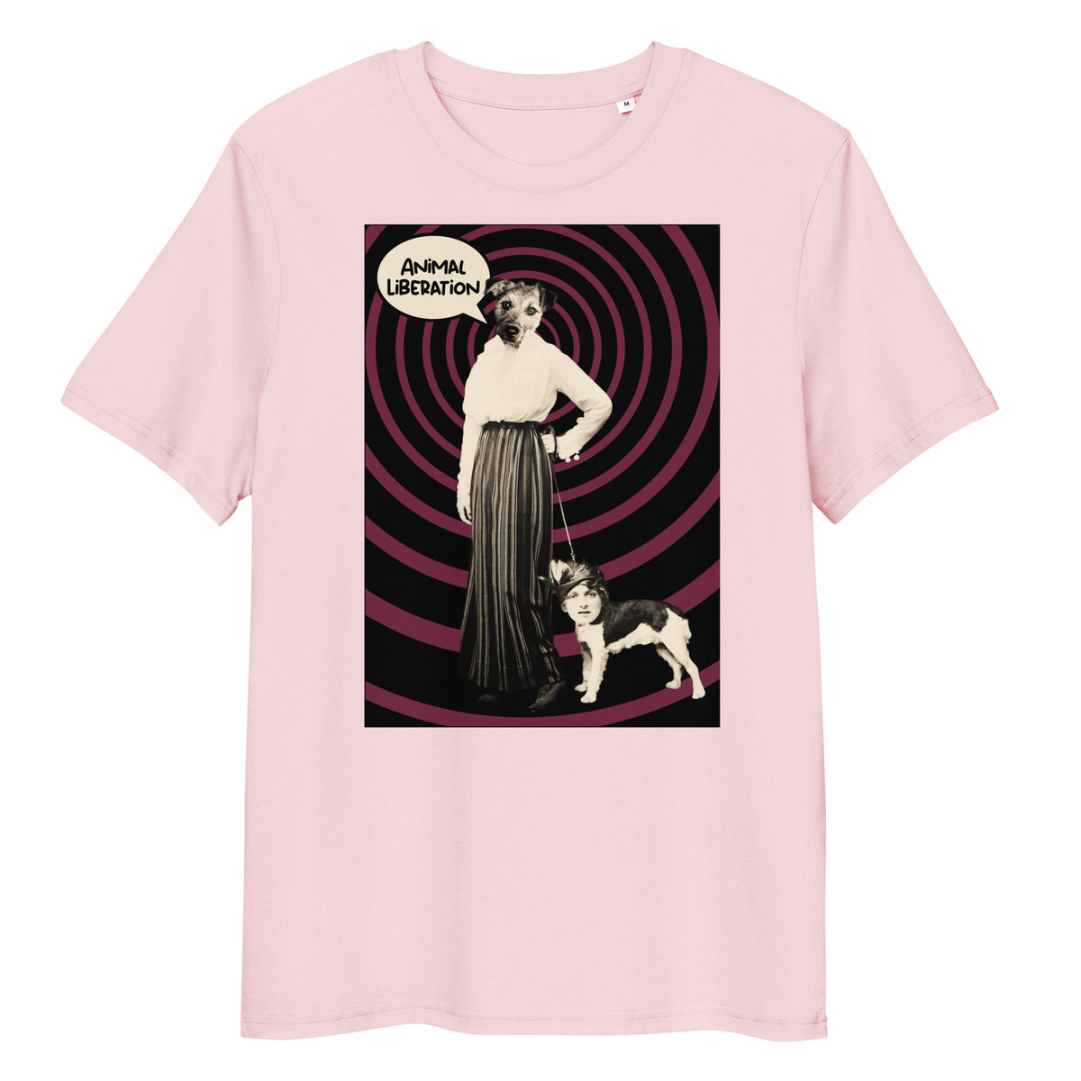 Hellrosa Bio-Baumwollshirt mit Ladydog-Print, Sprechblase Animal Liberation und hypnotischem Spiralhintergrund.