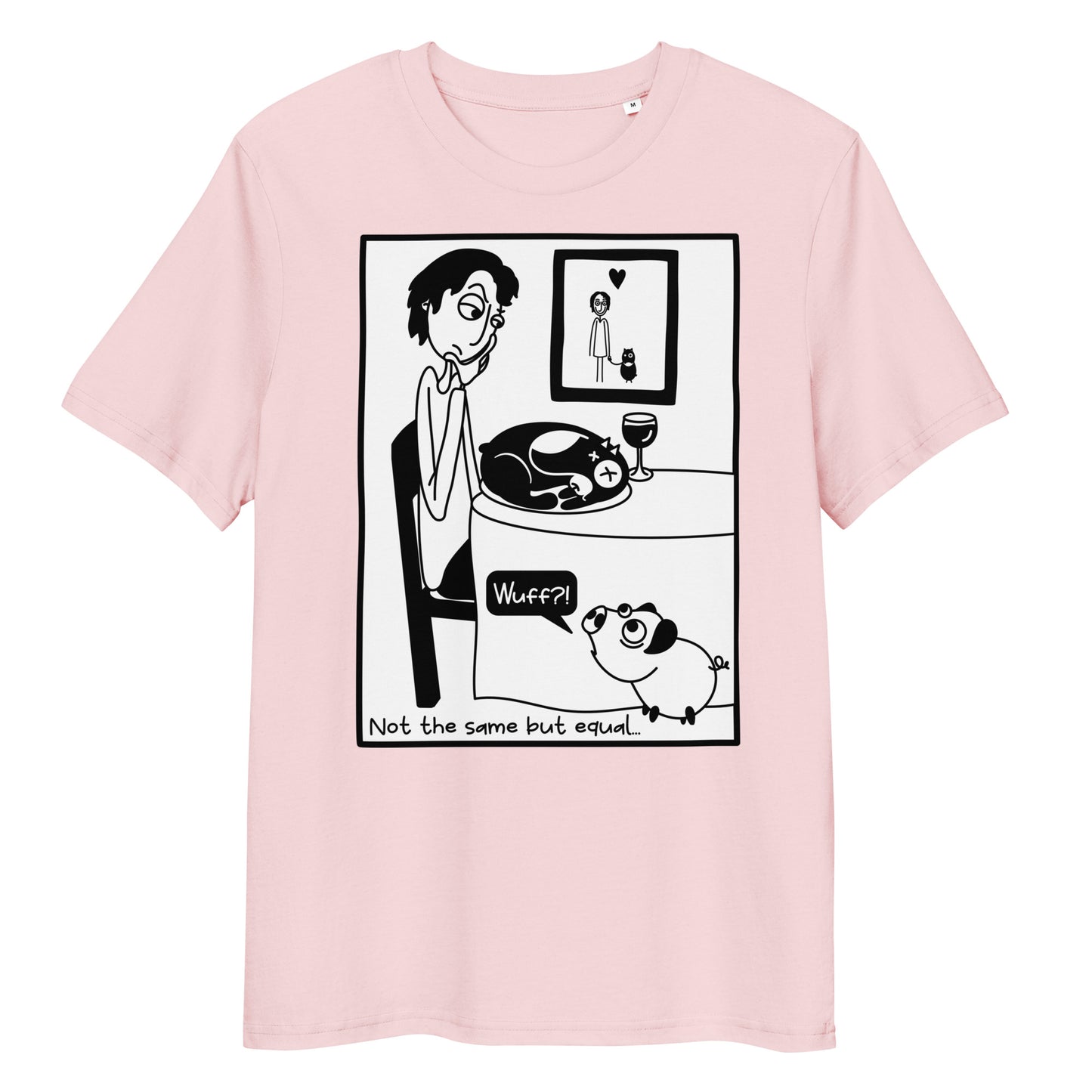 Hellrosa Bio-Baumwoll-T-Shirt mit schwarzem Comic-Print und dem Schriftzug Not the same but equal.