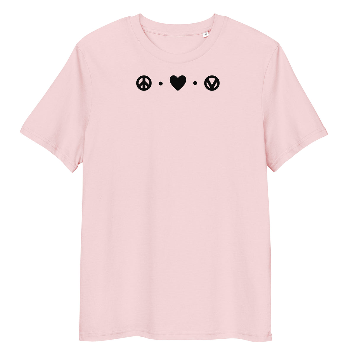 Hellrosa Bio-Baumwoll-T-Shirt mit schwarzem Peace-, Herz- und Vegan-Symbol-Aufdruck auf der Brust.