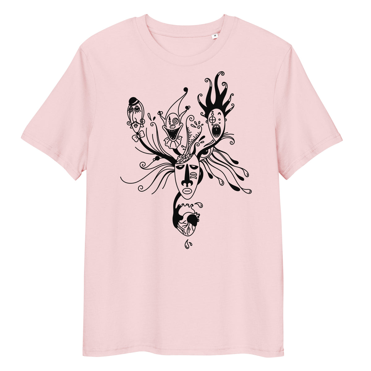 Hellrosa T-Shirt aus Bio-Baumwolle mit schwarzem Mental Health Grafik-Print und abstrakten Masken-Motiven.