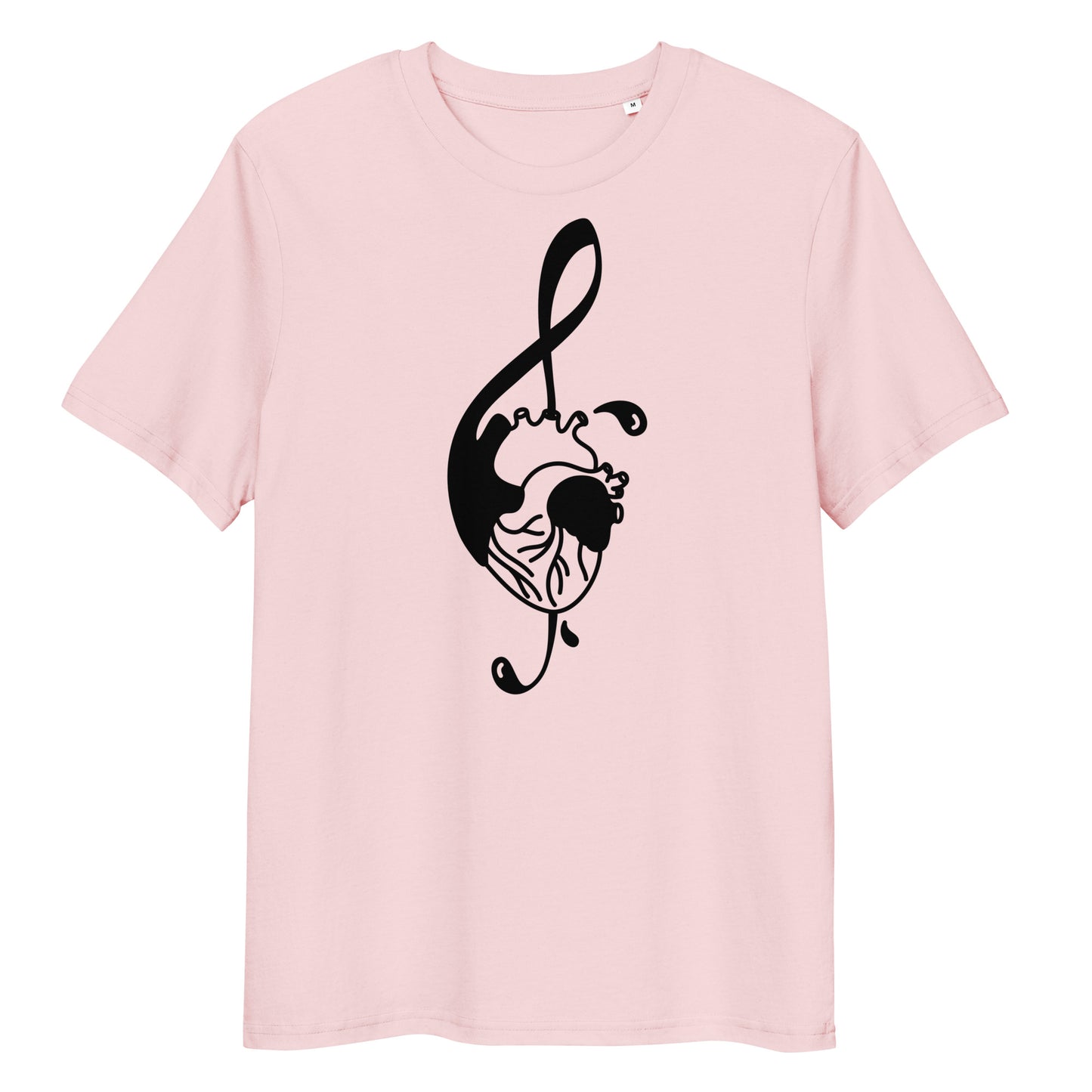 Hellrosa Bio-Baumwoll-T-Shirt mit schwarzem Notenschlüssel-Herz-Druck auf der Vorderseite.
