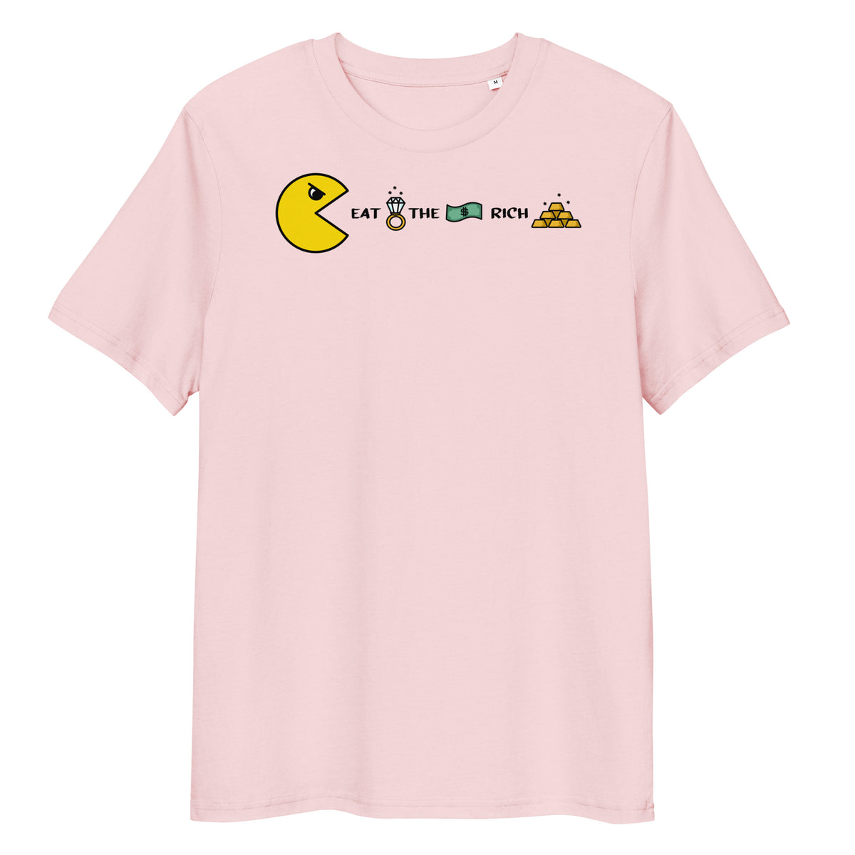Hellrosa Bio-Baumwoll-T-Shirt mit Pac-Man-Grafik und dem Slogan Eat the Rich.