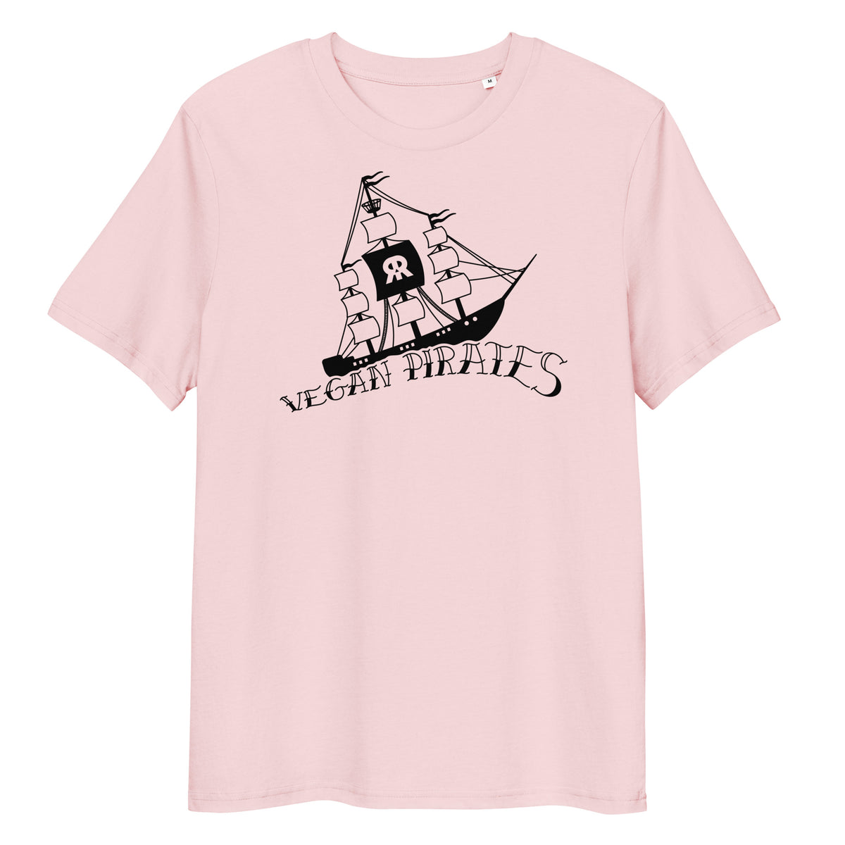 Hellrosa Bio-Baumwoll-T-Shirt mit schwarzem Vegan Pirates Segelschiff-Aufdruck und Rundhalsausschnitt.
