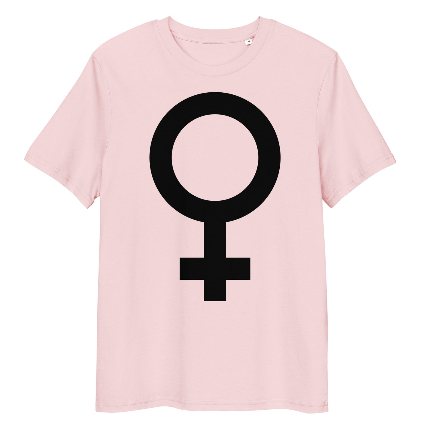 Hellrosa Bio-Baumwoll-T-Shirt mit schwarzem Feminismus-Symbol als Frontdruck und klassischem Rundhalsausschnitt.