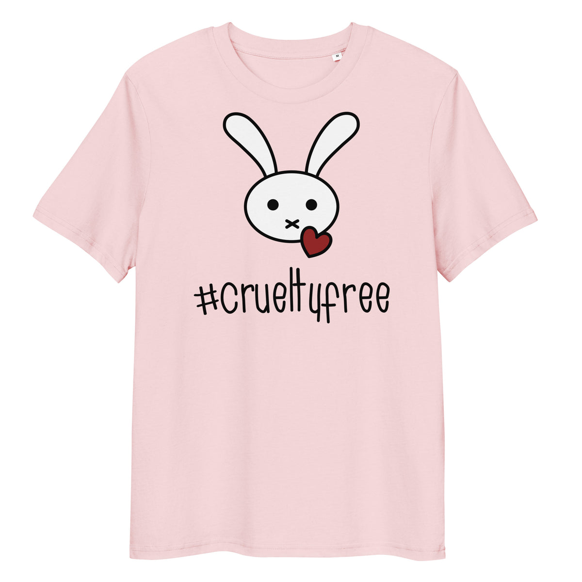 Hellrosa Bio-Baumwoll-T-Shirt mit weißem Hasen-Motiv, rotem Herz und schwarzem #crueltyfree-Schriftzug.