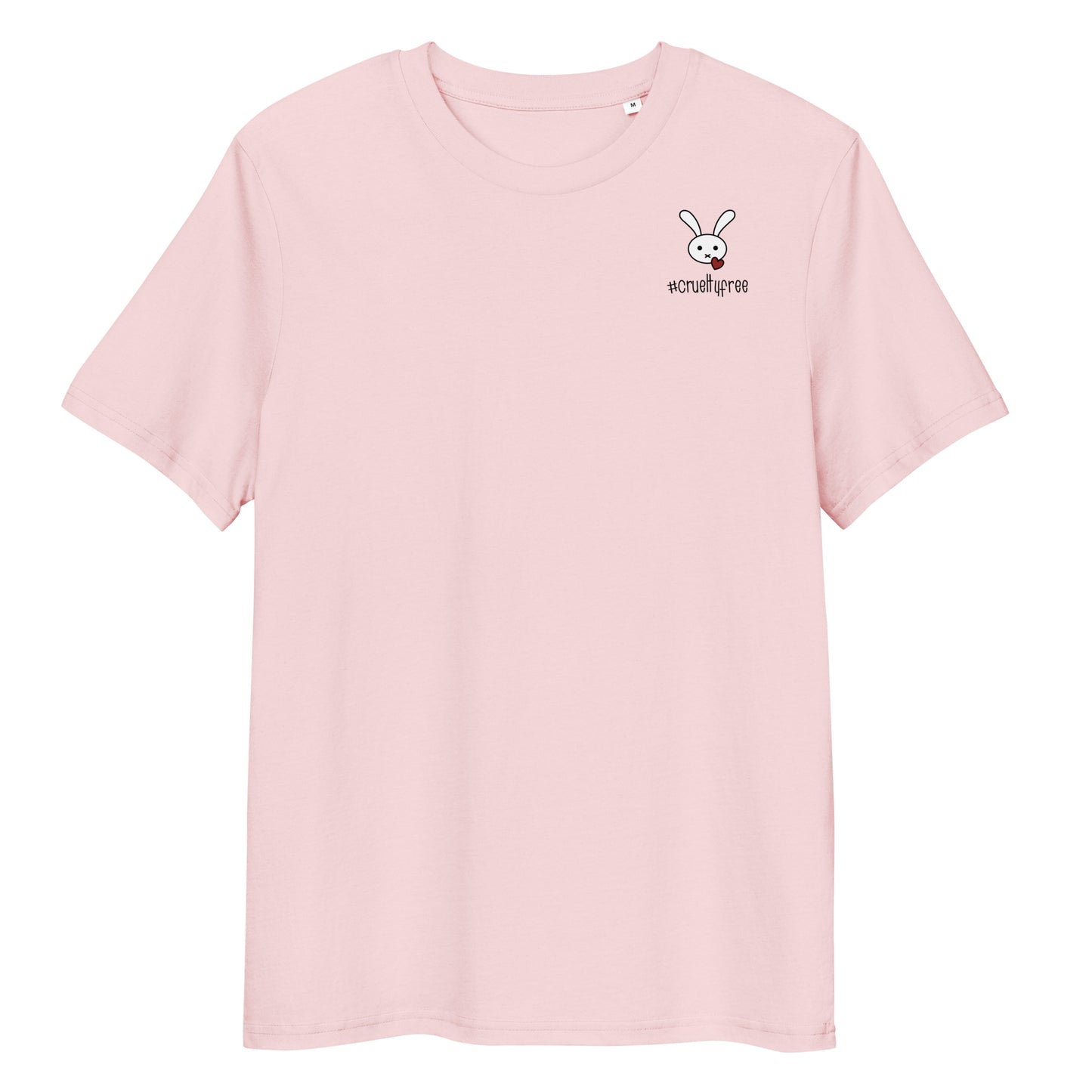 Hellrosa Bio-Baumwoll-T-Shirt mit kleinem Hasen-Motiv und #crueltyfree Schriftzug auf der Brust.