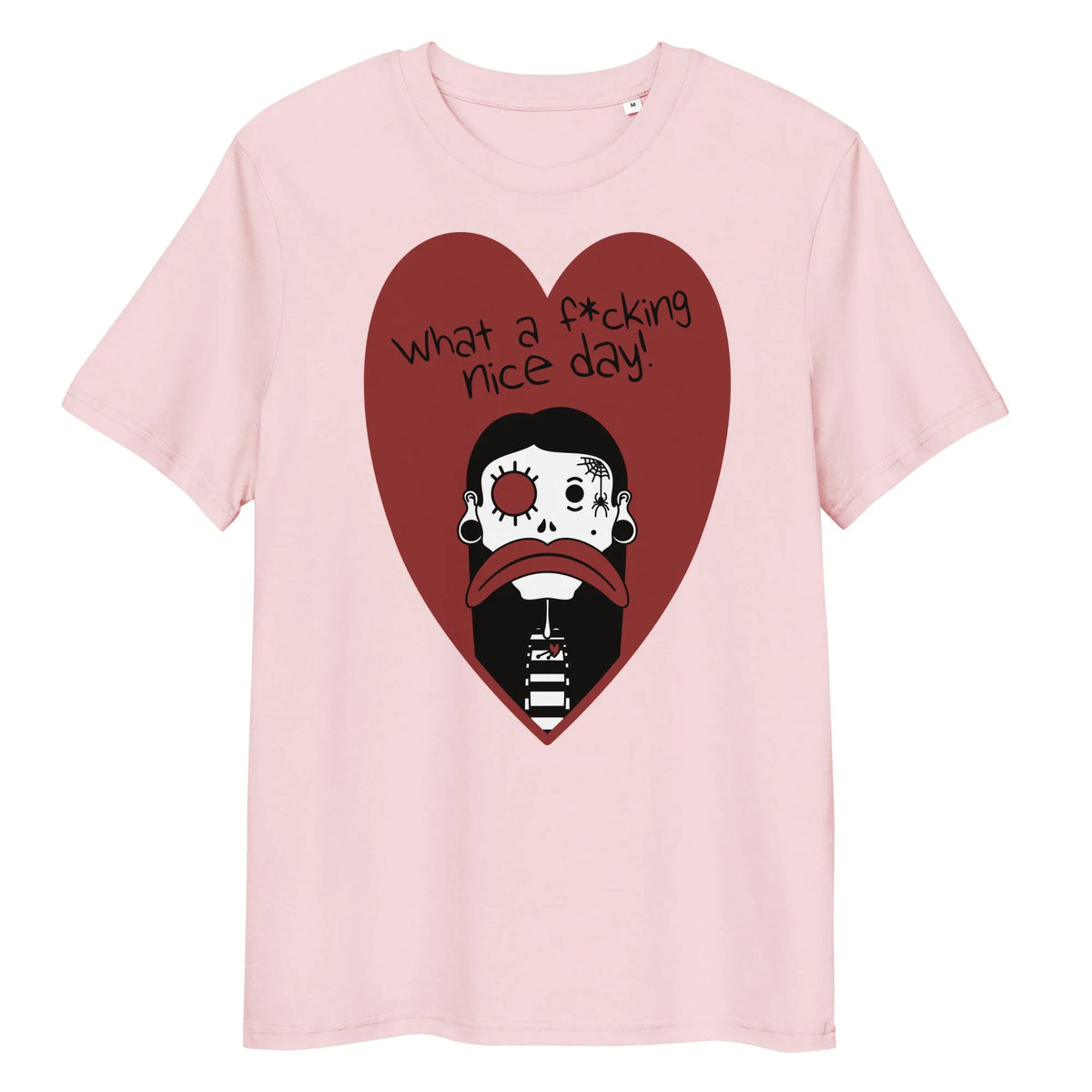 Veganes Bio-T-Shirt in Rosa mit Herzmotiv und Cartoon-Gesicht vorne