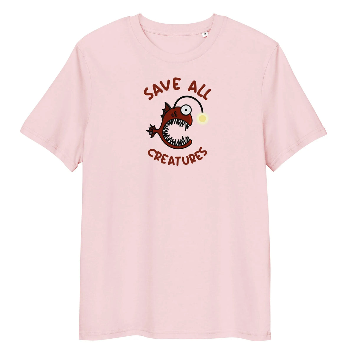 Veganes Bio-T-Shirt, hellrosa, Froschfisch-Aufdruck „Save All Creatures“