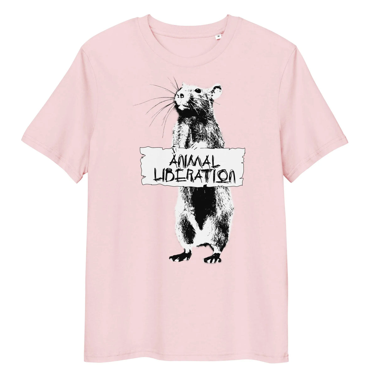 Hellrosa T-Shirt mit Rattenmotiv und Aufdruck „ANIMAL LIBERATION“