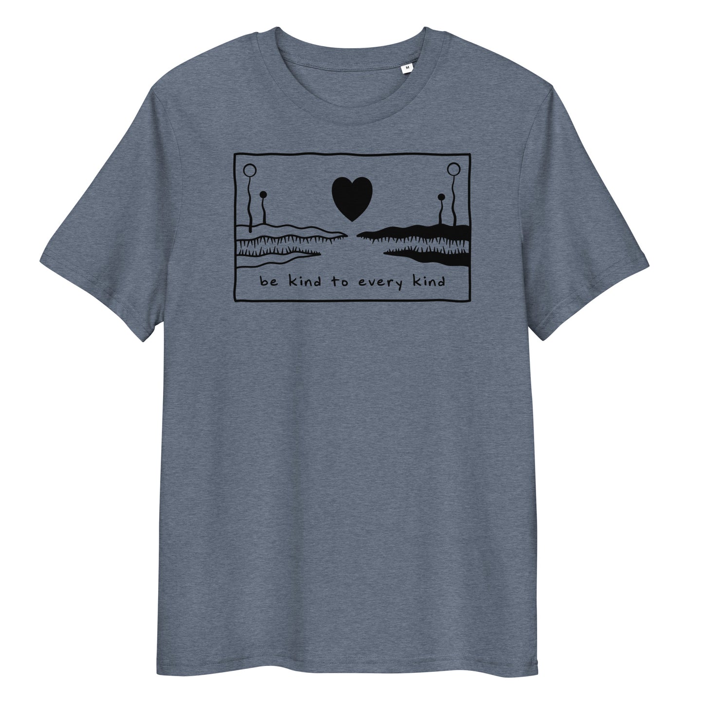 Graues Bio-Baumwoll-T-Shirt mit schwarzem „Be kind to every kind“-Herz-Print und Rundhalsausschnitt.