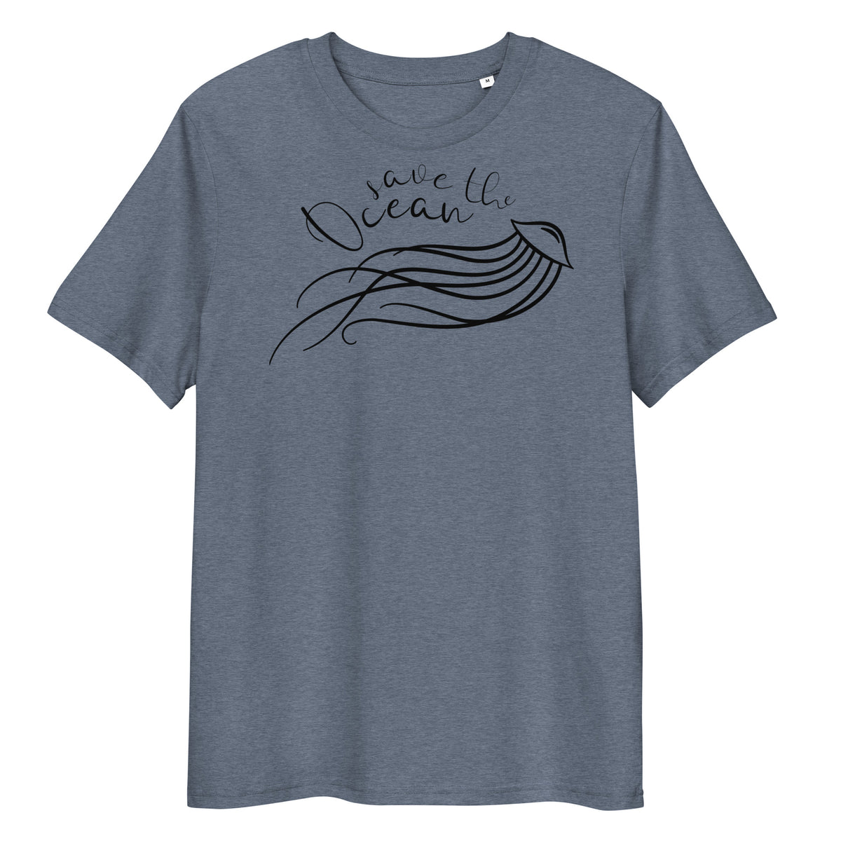 Graues Bio-Baumwoll-T-Shirt mit schwarzem „Save the Ocean“-Quallen-Aufdruck und klassischem Rundhalsausschnitt.