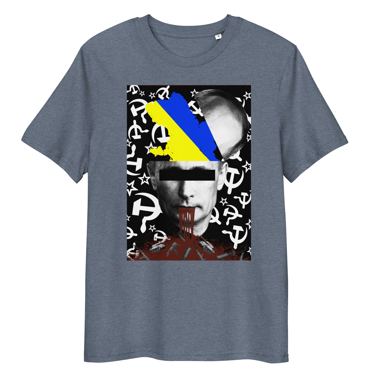 Graues Bio-Baumwoll-T-Shirt mit STOP WAR Grafikdruck, Ukraine-Flagge und politischem Motiv auf der Vorderseite.