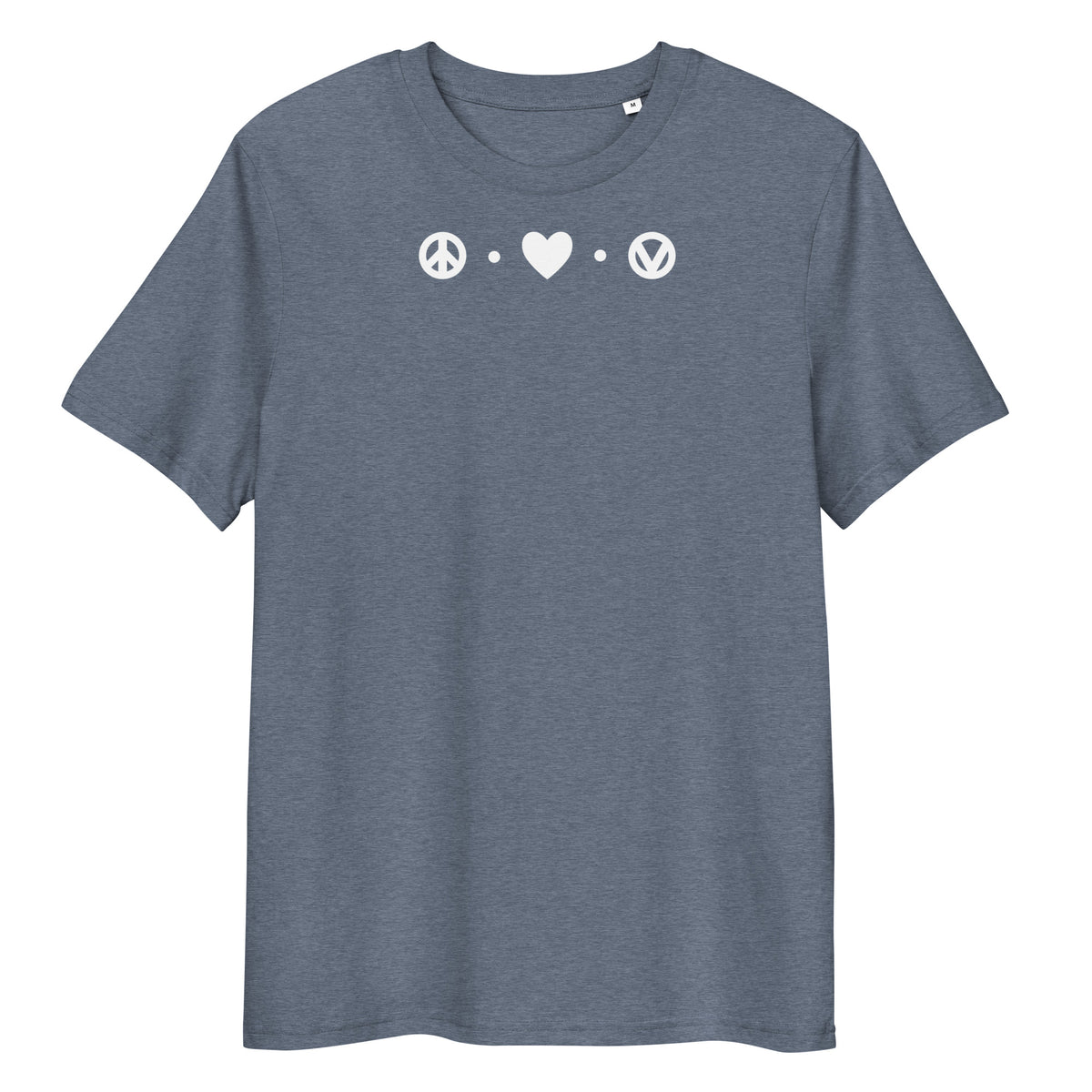 Graues Bio-Baumwoll-T-Shirt mit weißem Peace-Herz-Vegan-Symbol-Aufdruck und klassischem Rundhalsausschnitt.
