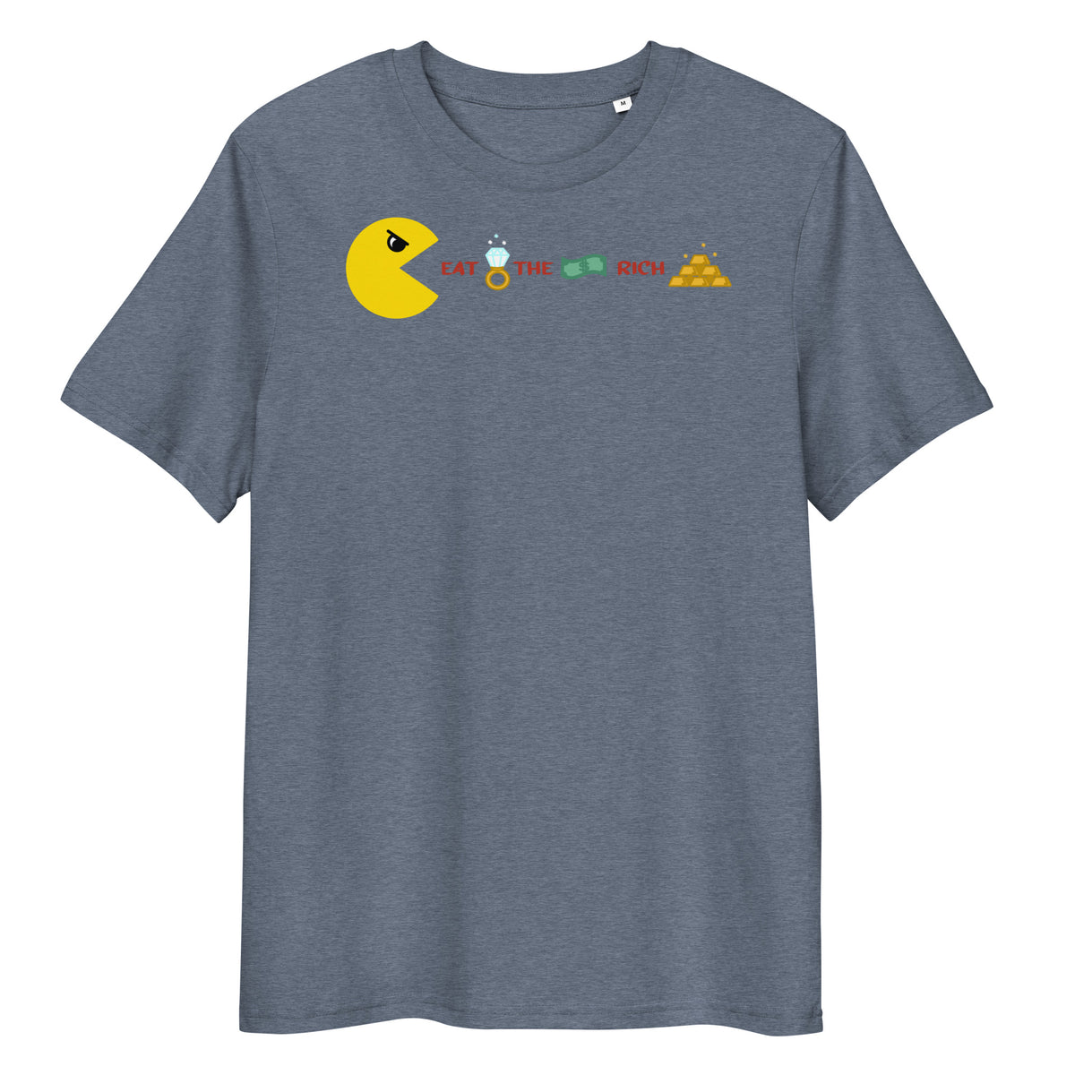 Graues Bio-Baumwoll-T-Shirt mit Pac-Man-Grafik, Diamantring, Geldschein und Goldbarren sowie dem Schriftzug Eat the Rich.