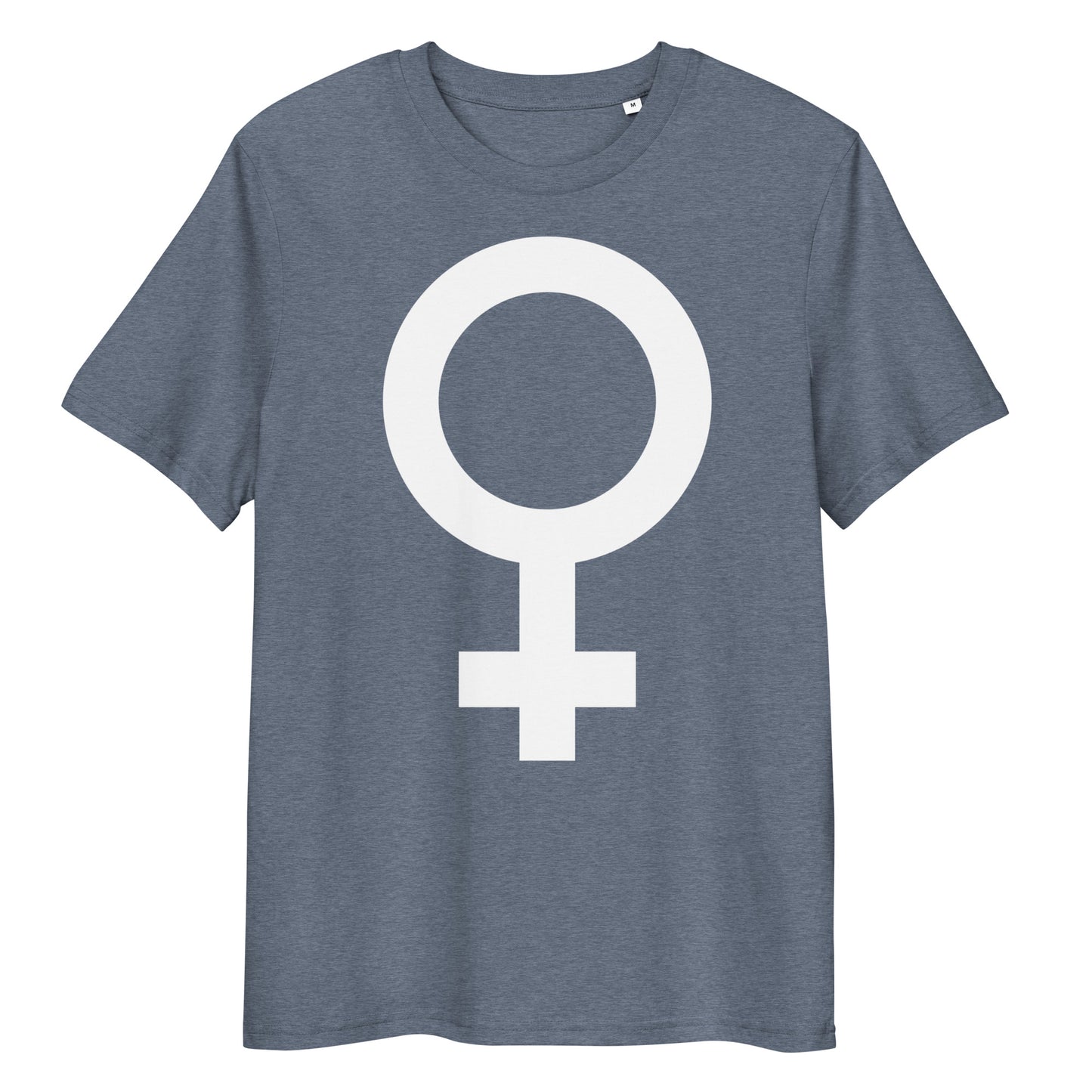 Dunkelblaues Bio-Baumwoll-T-Shirt mit weißem Feminismus-Symbol-Druck und klassischem Rundhalsausschnitt.