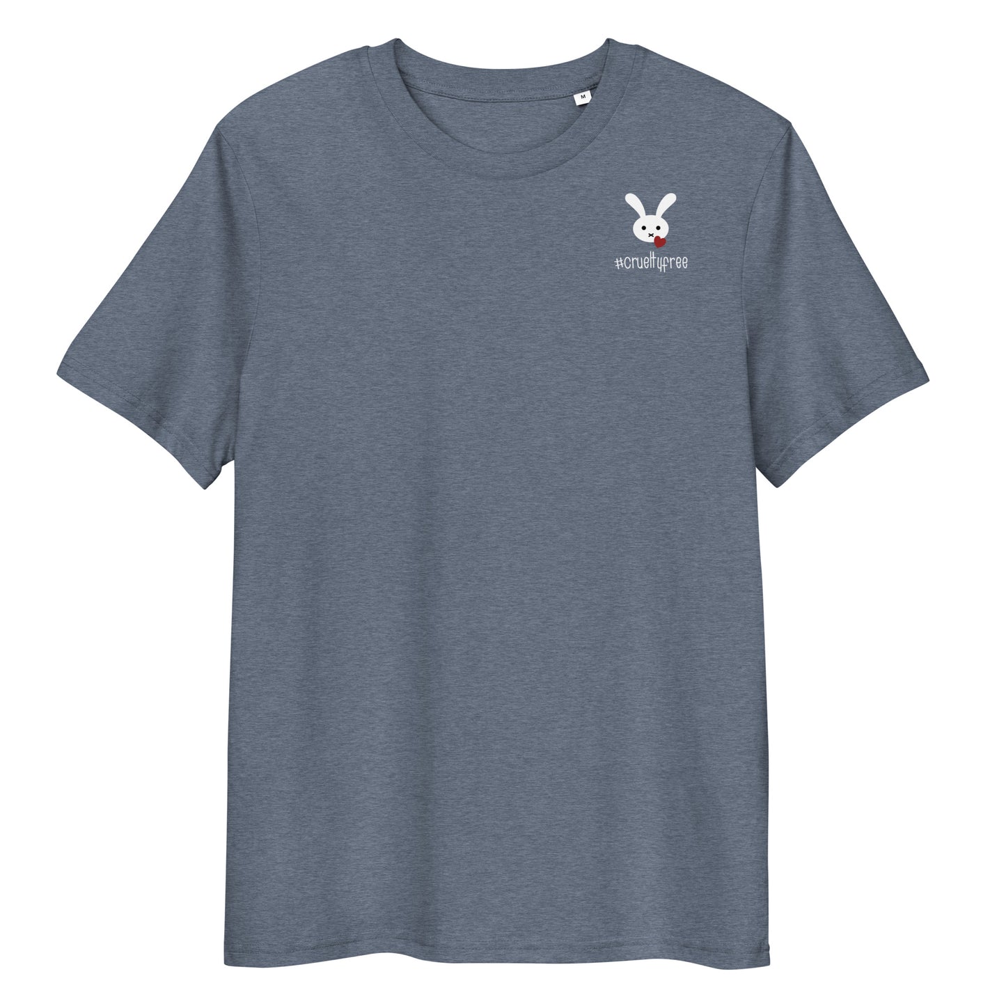 Graues Bio-Baumwoll-T-Shirt mit kleinem Hasen-Logo und #crueltyfree Schriftzug auf der Brust.