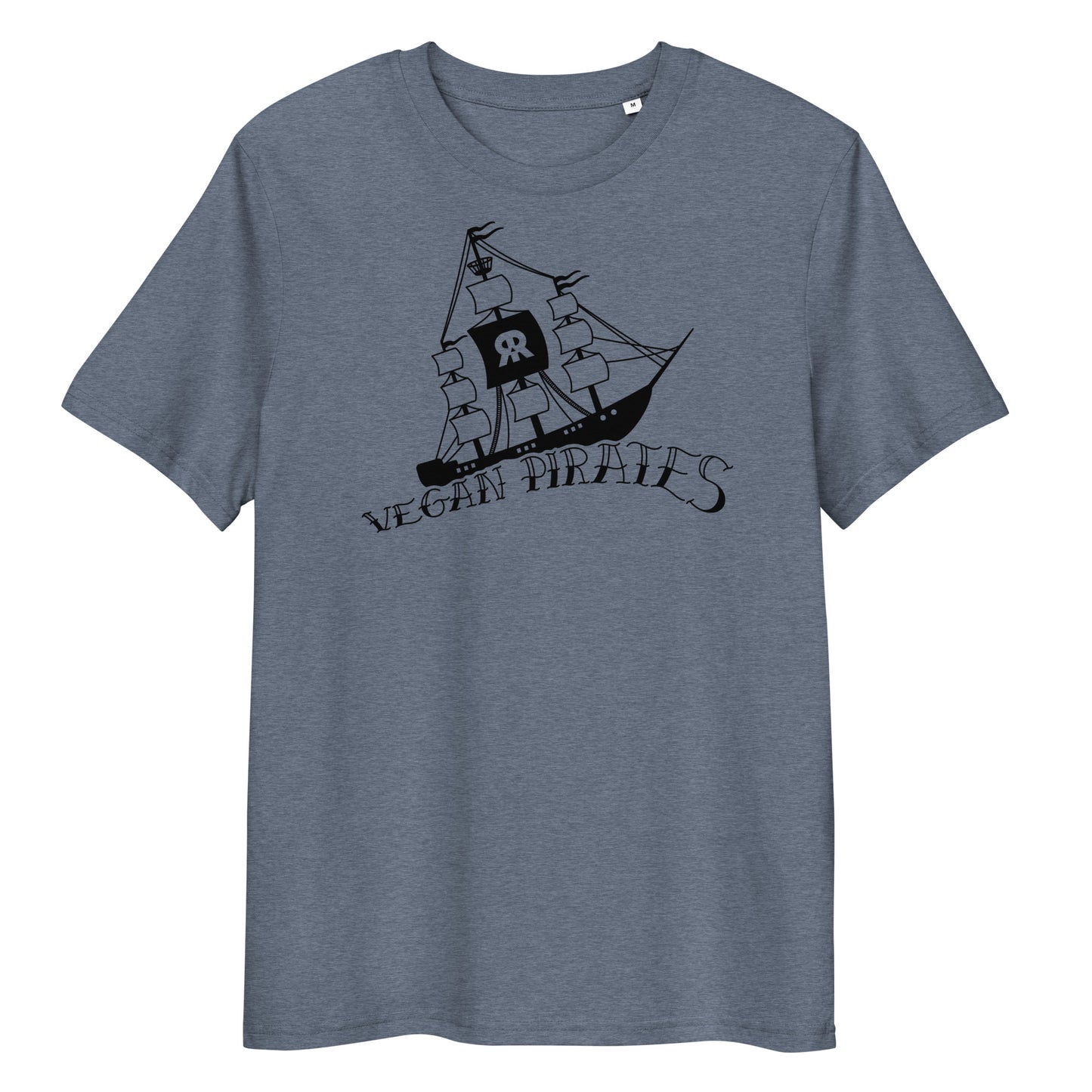 Graues Bio-Baumwoll-T-Shirt mit schwarzem Vegan Pirates Piratenschiff-Aufdruck und Rundhalsausschnitt.