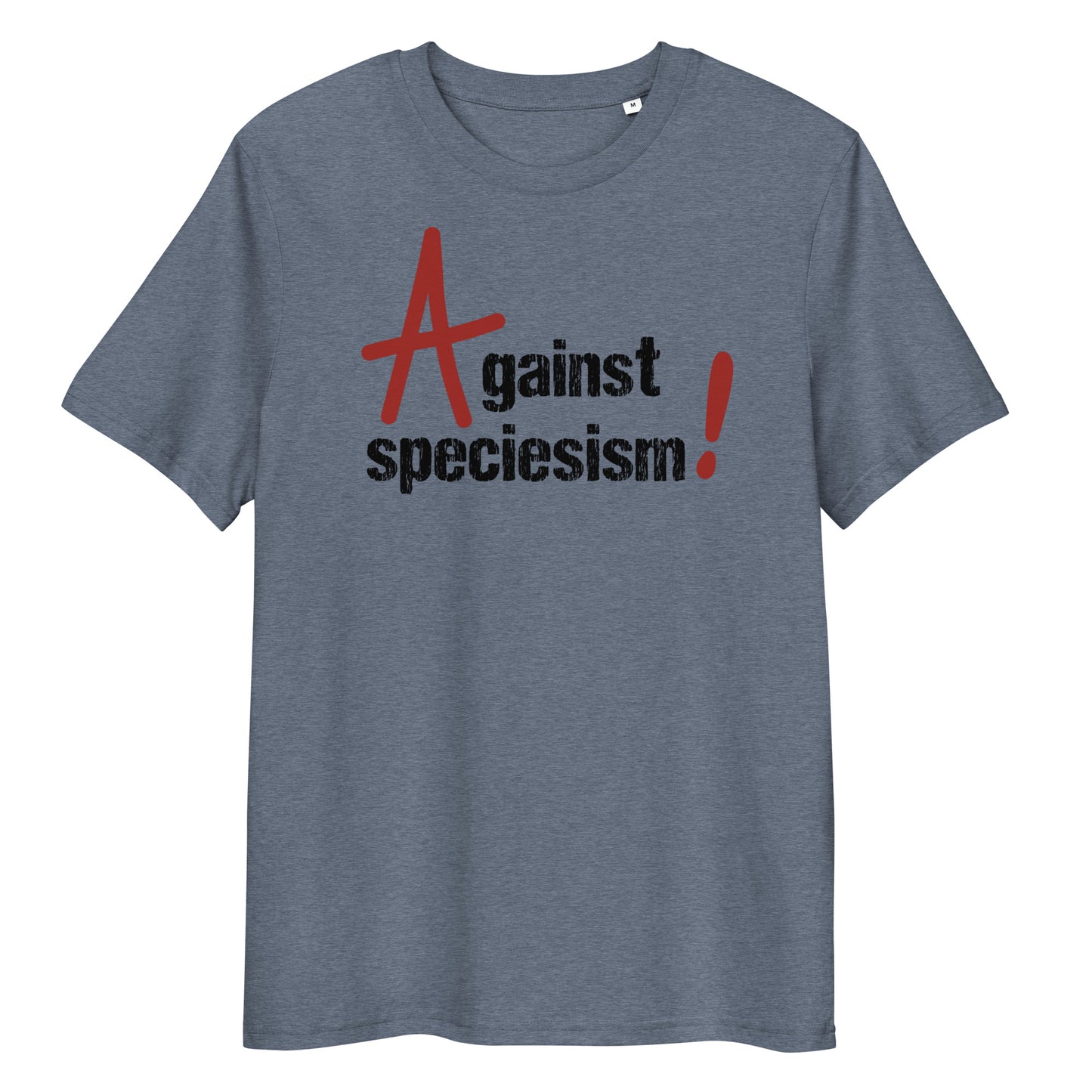 Graues Bio-Baumwoll-T-Shirt mit rotem und schwarzem „Against speciesism!“-Aufdruck und Rundhalsausschnitt.