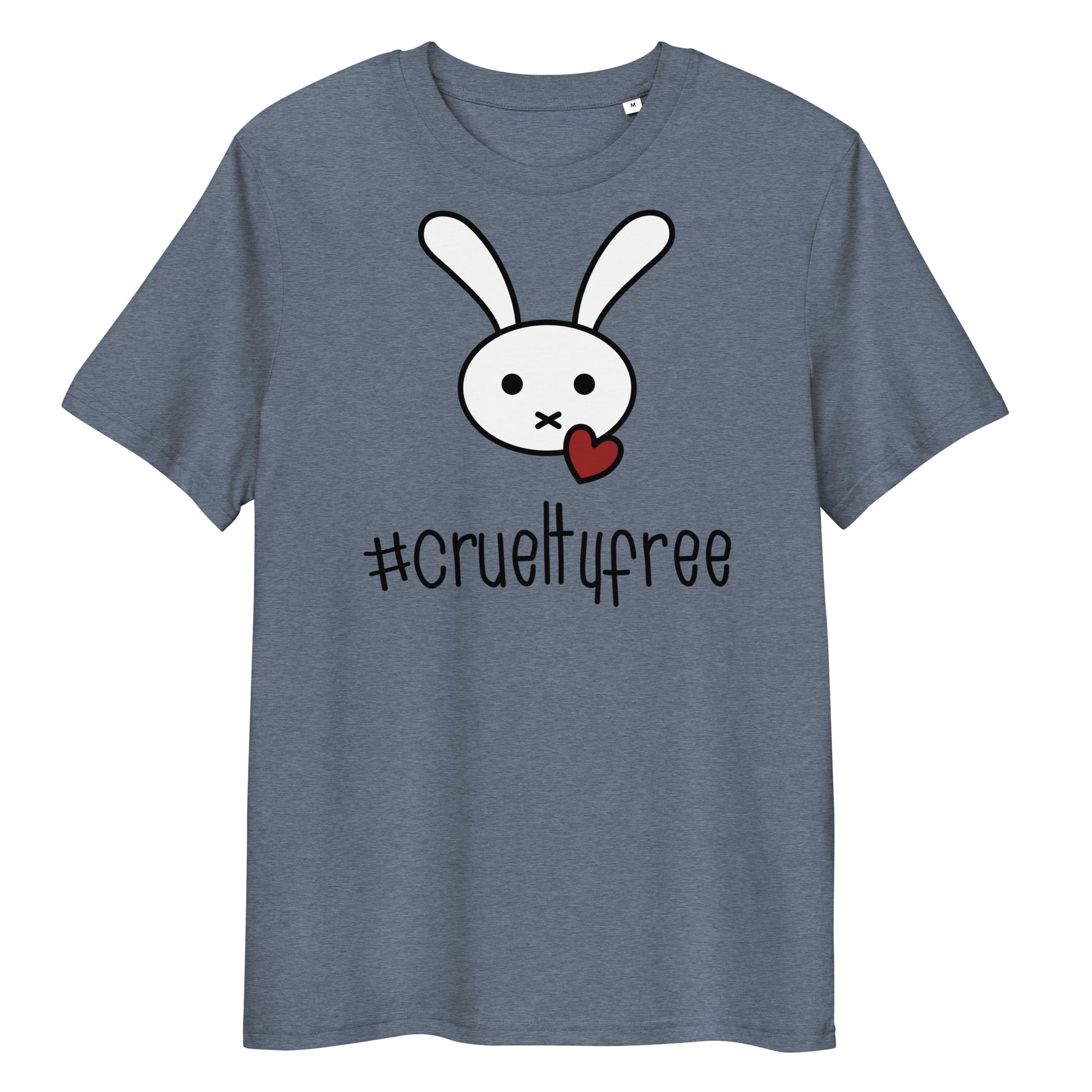 Graues Bio-Baumwoll-T-Shirt mit Hasen-Motiv, rotem Herz und #crueltyfree Schriftzug.