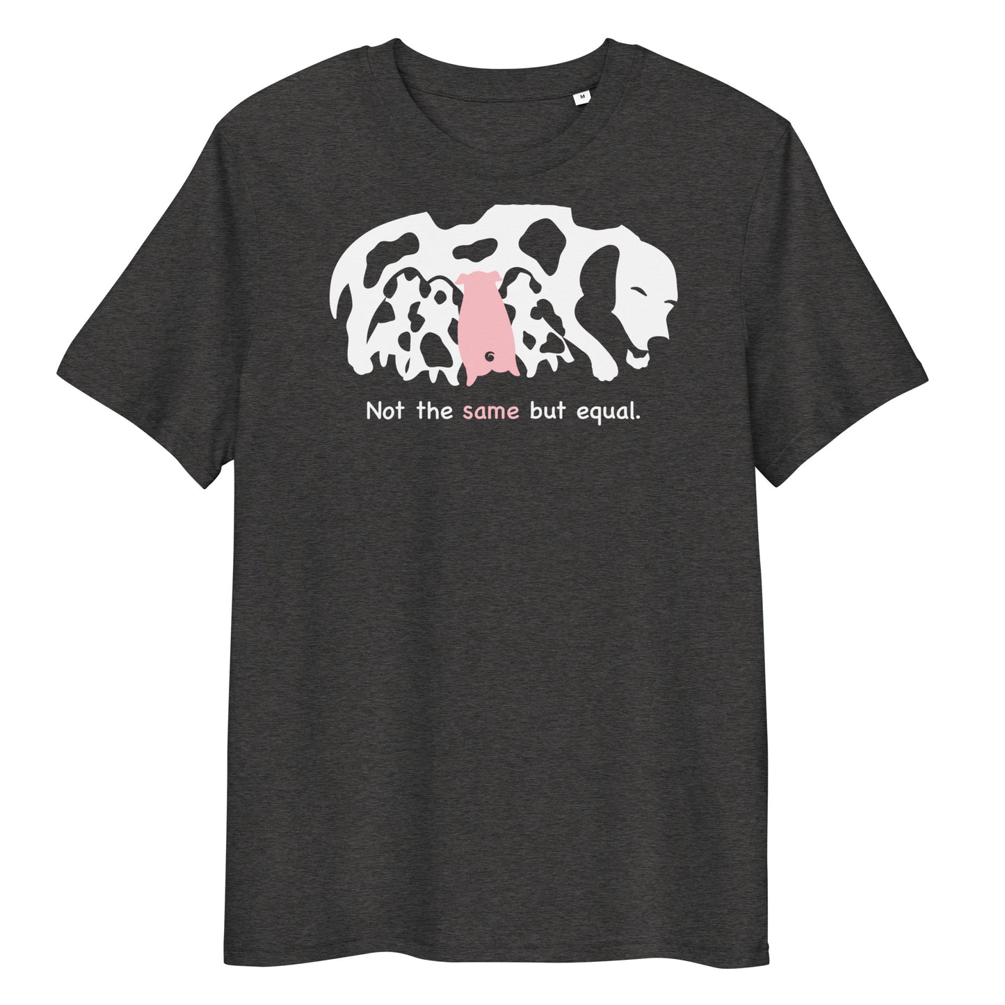 Dunkelgraues Bio-Baumwoll-T-Shirt mit Tiermotiv und dem Schriftzug Not the same but equal.
