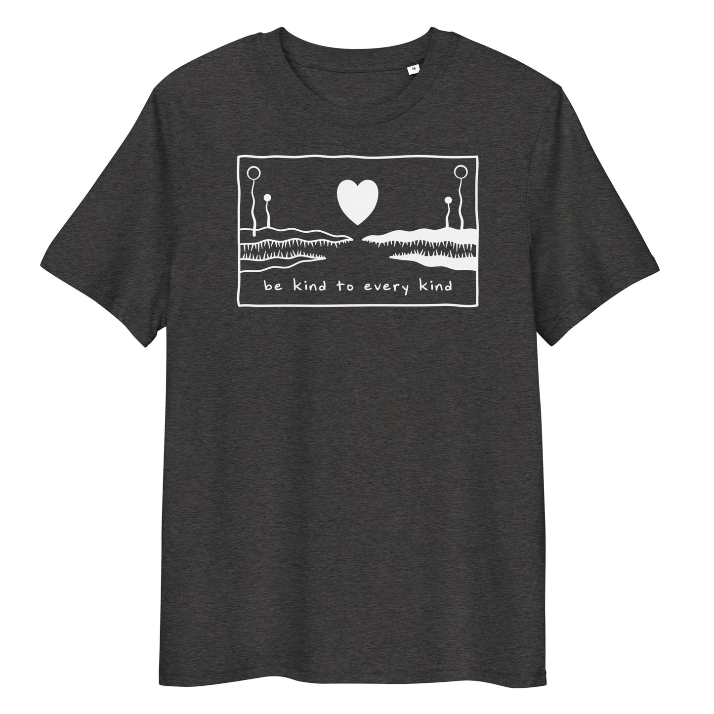 Dunkelgraues Bio-Baumwoll-T-Shirt mit weißem „Be kind to every kind“-Aufdruck und Herz-Motiv.