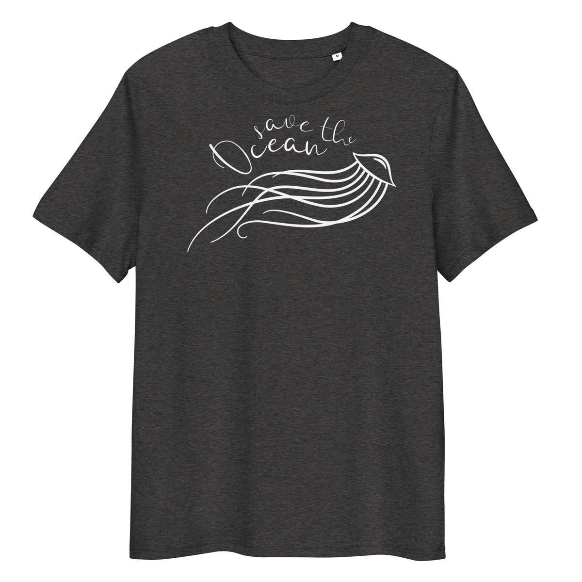 Dunkelgraues Bio-Baumwoll-T-Shirt mit weißem „Save the Ocean“-Aufdruck und Quallen-Grafik im Brustbereich.