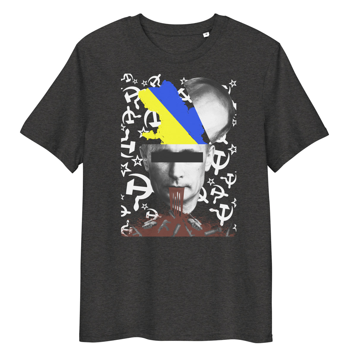 Dunkelgraues Bio-Baumwoll-T-Shirt mit politischem STOP WAR-Druck, Ukraine-Flagge und Hammer-und-Sichel-Motiven.