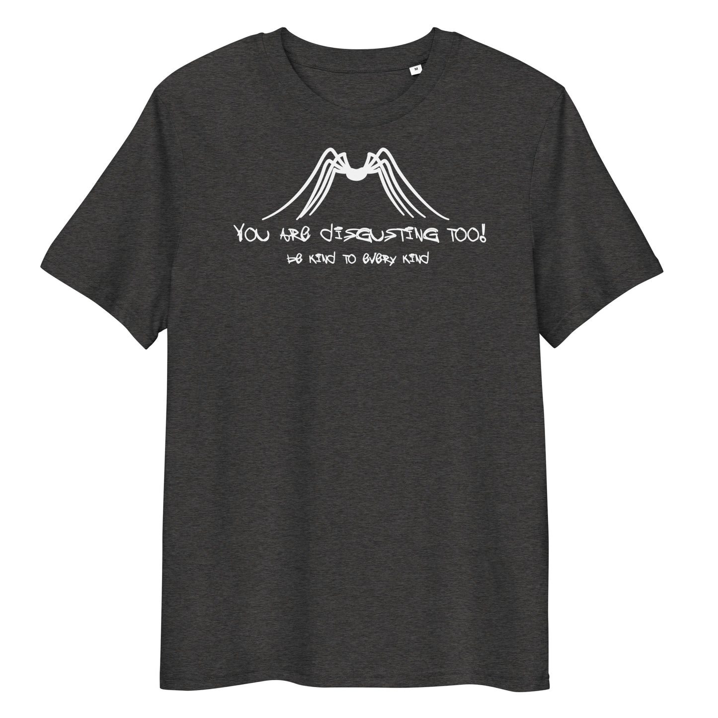 Dunkelgraues Bio-Baumwoll-T-Shirt mit weißem Insekten-Print und dem Slogan „You are disgusting too! Be kind to every kind“.