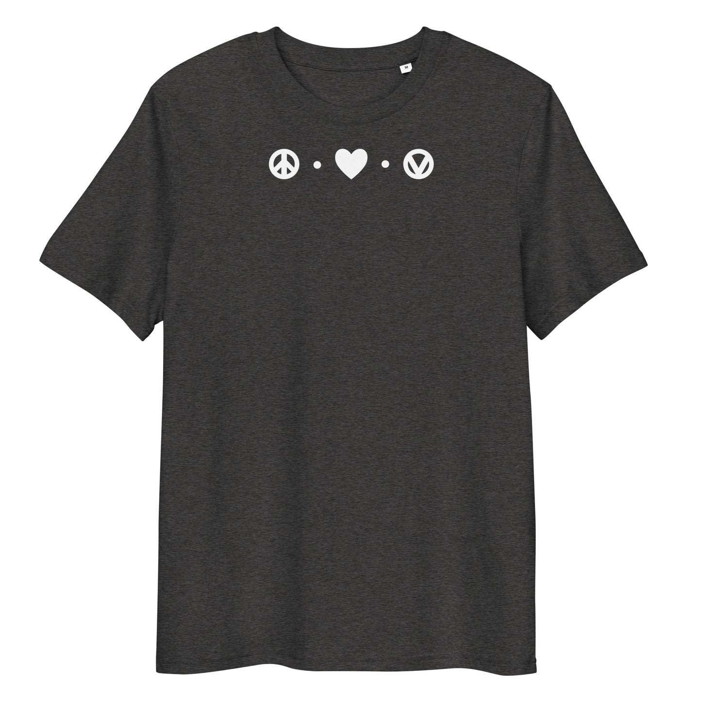 Dunkelgraues Bio-Baumwoll-T-Shirt mit weißem Peace-Herz-Vegan-Aufdruck auf der Brust.