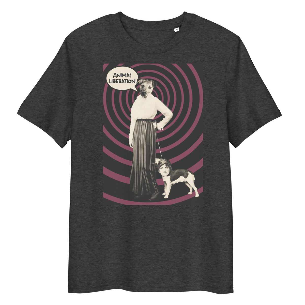 Dunkelgraues Bio-Baumwoll-T-Shirt mit Ladydog-Print, Sprechblase Animal Liberation und lila Spiral-Hintergrund.