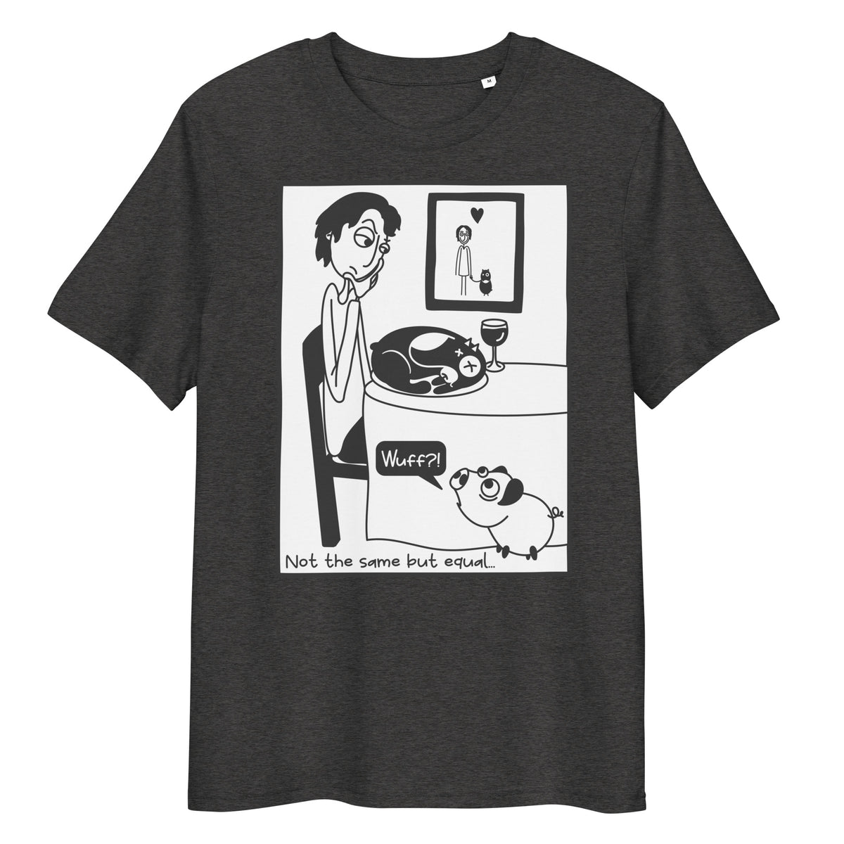 Dunkelgraues Bio-Baumwoll-T-Shirt mit Piggy-Print und dem Slogan Not the same but equal.
