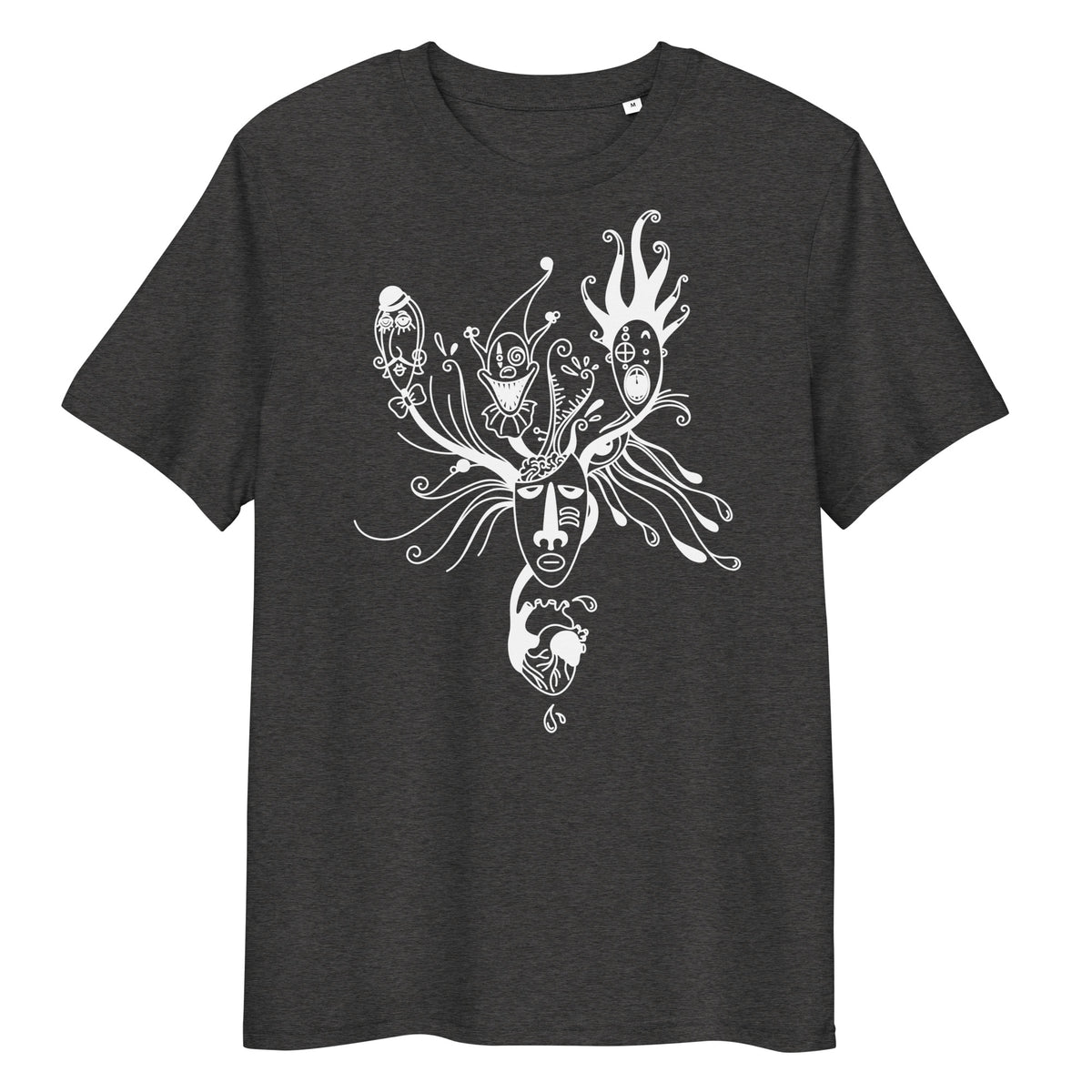 Dunkelgraues Bio-Baumwoll-T-Shirt mit weißem Mental-Health-Druck, der eine abstrakte Maske und ein Herz zeigt.