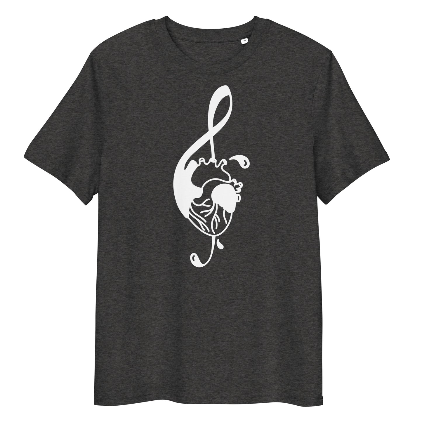 Dunkelgraues Bio-Baumwoll-T-Shirt mit weißem Notenschlüssel-Herz-Druck, Rundhalsausschnitt und klassischer Passform.