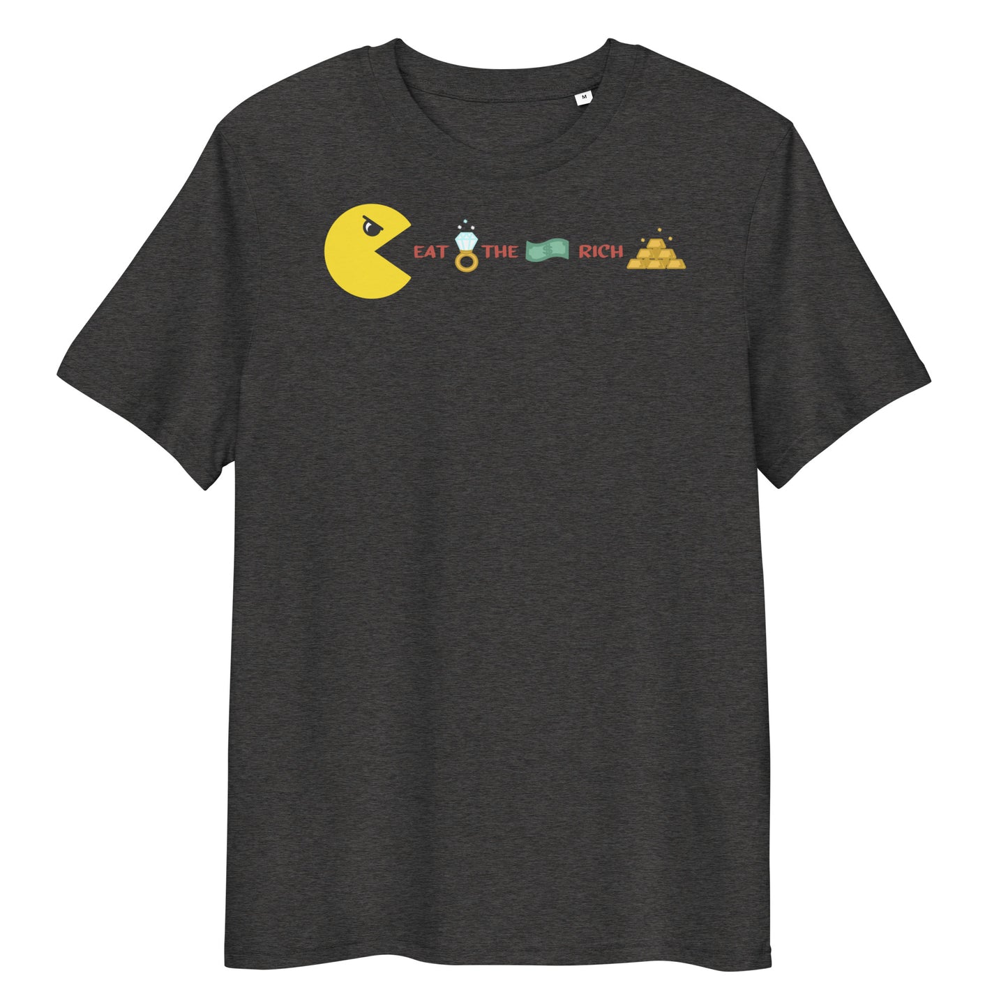 Dunkelgraues Bio-Baumwoll-T-Shirt mit Pac-Man-Grafik und dem Schriftzug Eat the Rich in mittlerer Passform.