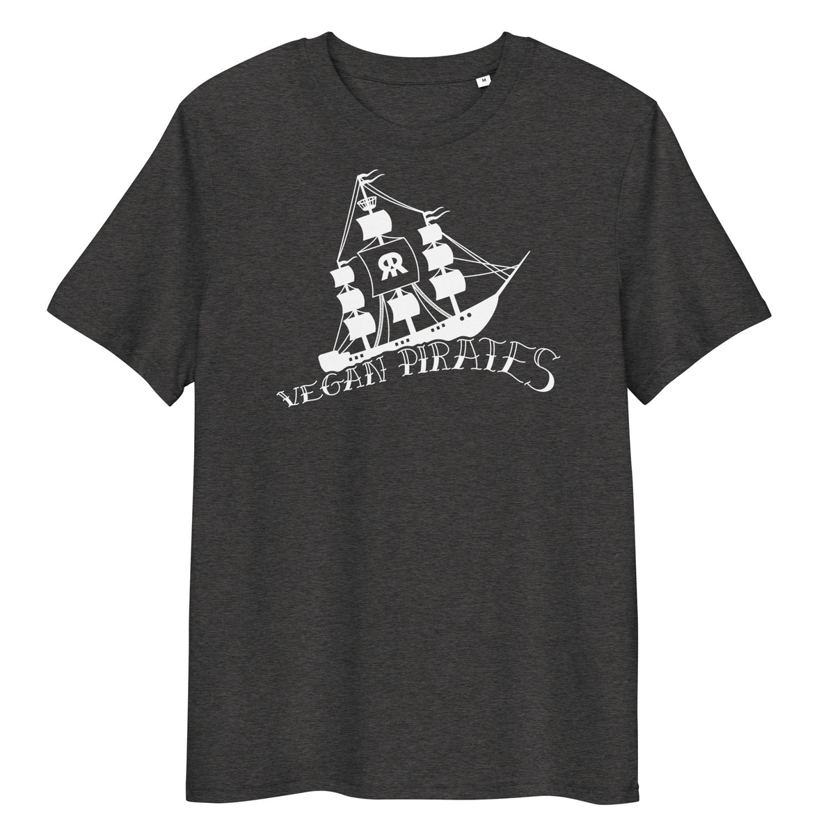 Dunkelgraues Bio-Baumwoll-T-Shirt mit weißem Vegan Pirates Segelschiff-Druck und Rundhalsausschnitt.