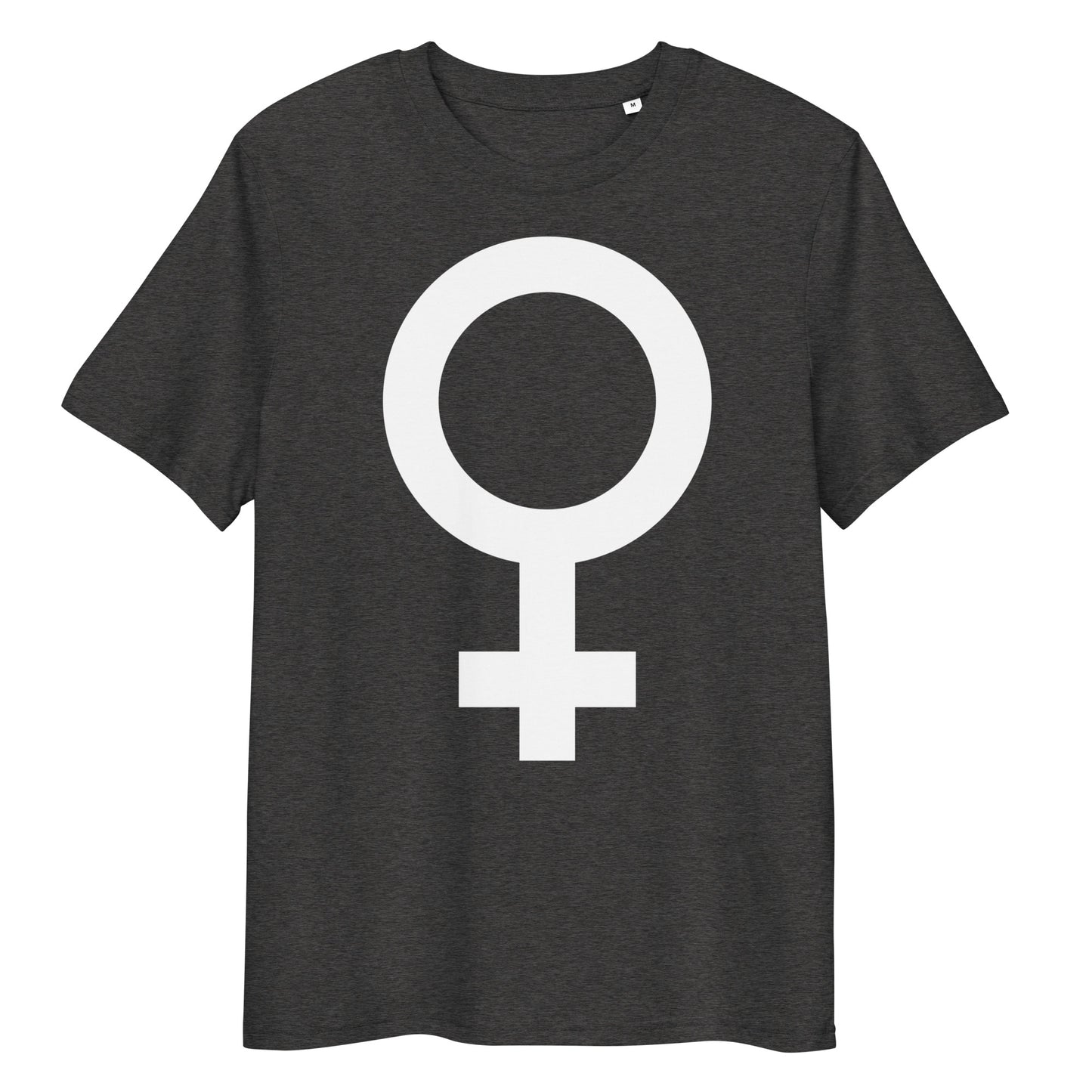 Dunkelgraues Bio-Baumwoll-T-Shirt mit weißem Feminismus-Symbol als Print, mittlere Passform und Rundhalsausschnitt.