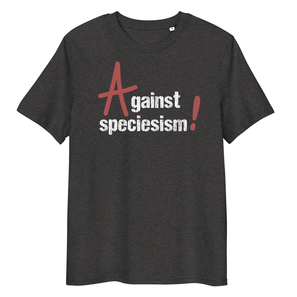Dunkelgraues Bio-Baumwoll-T-Shirt mit weißem und rotem Aufdruck Against speciesism auf der Vorderseite.