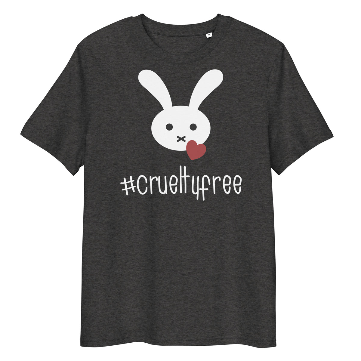 Dunkelgraues Bio-Baumwoll-T-Shirt mit weißem Hasen-Motiv, rotem Herz und #crueltyfree Schriftzug.