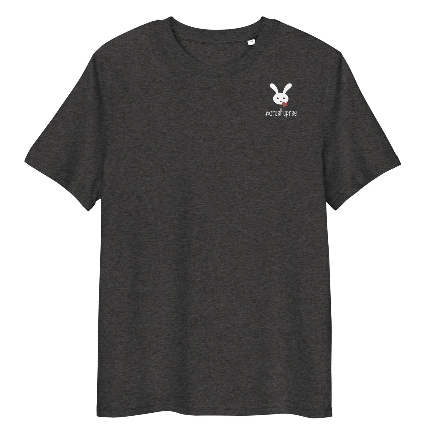 Dunkelgraues Bio-Baumwoll-T-Shirt mit weißem Häschen-Logo und #crueltyfree Schriftzug auf der Brust.