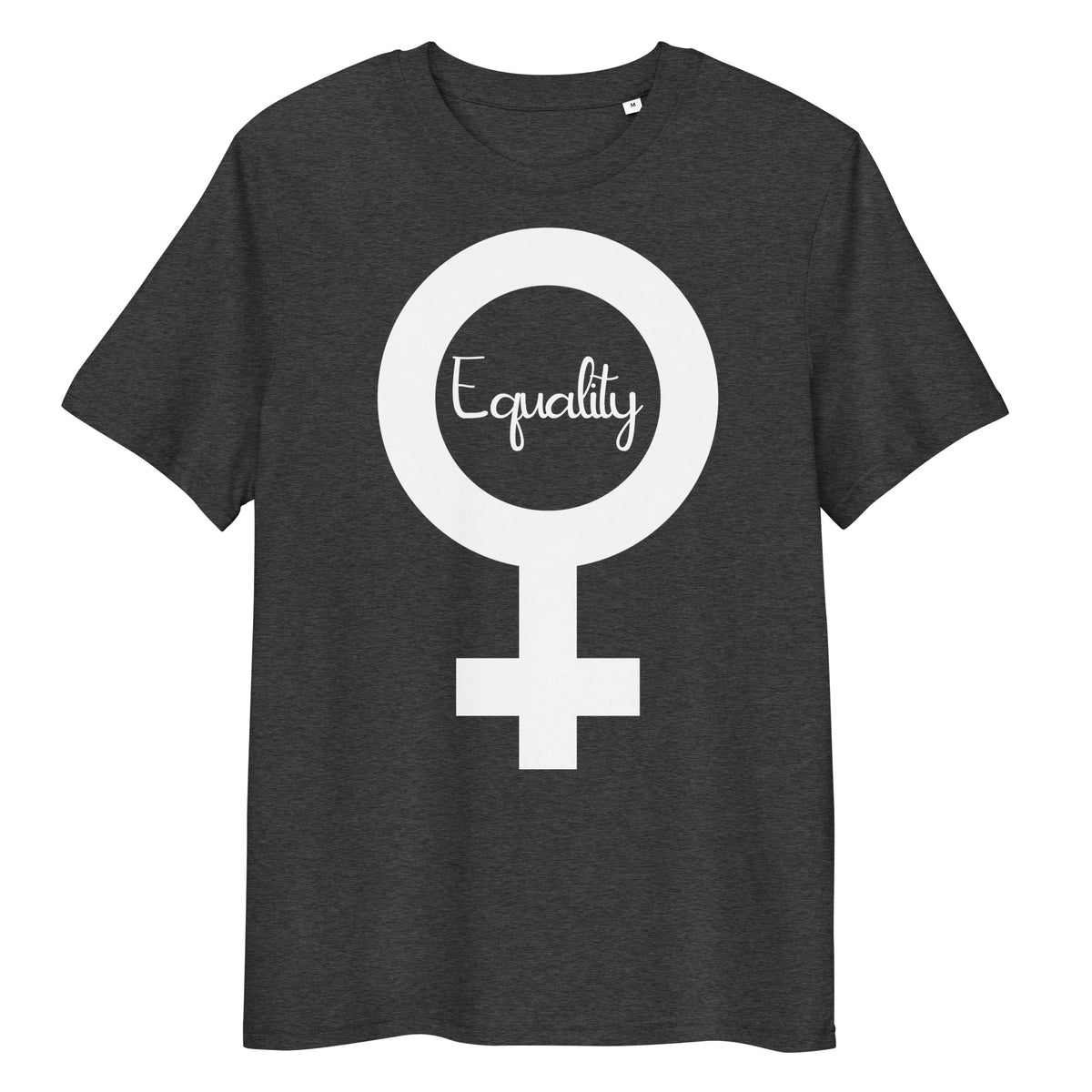 Dunkelgraues Bio-Baumwoll-T-Shirt mit weißem weiblichem Symbol und Equality-Schriftzug, mittlere Passform, Größe M.
