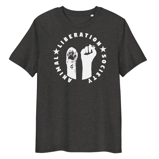 Dunkelgraues T-Shirt mit rundem Grafikdruck „Liberation Souls“ und erhobener Faust