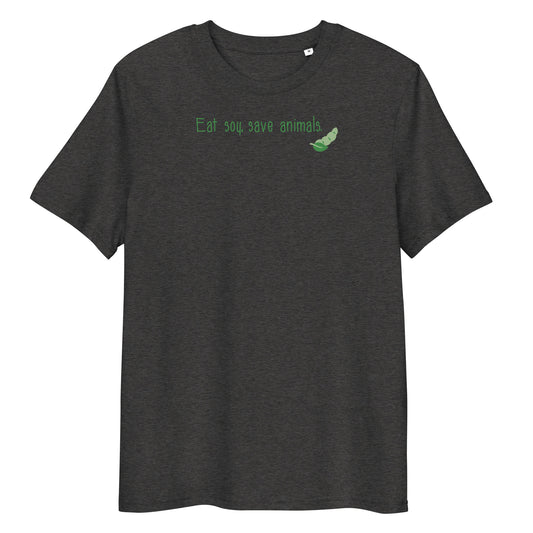 Dunkelgraues T-Shirt mit Rundhalsausschnitt und grünem Spruch-Print auf der Brust