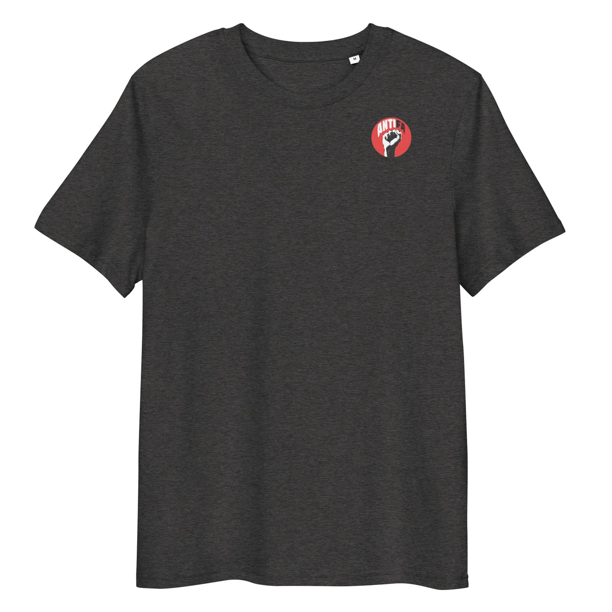 Bio- und Vegan-Shirt, dunkelgrau meliert, Rundhalsausschnitt, kleines Brustlogo-Patch