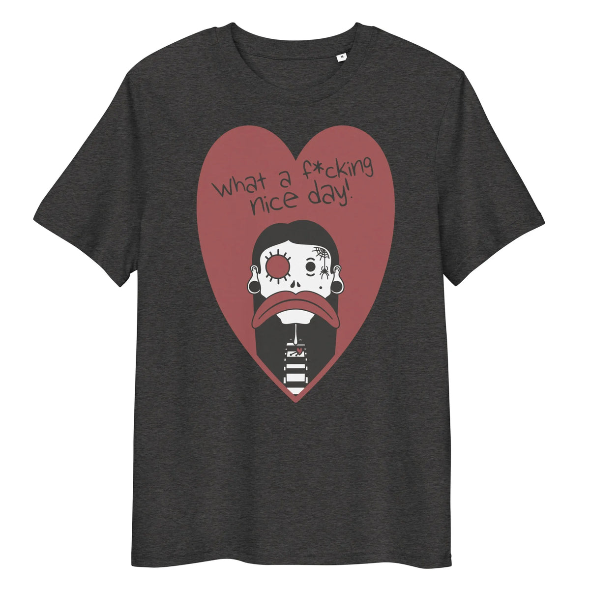 Veganes Bio-T-Shirt in Dunkelgrau meliert mit Herzmotiv und Cartoon-Gesicht vorne