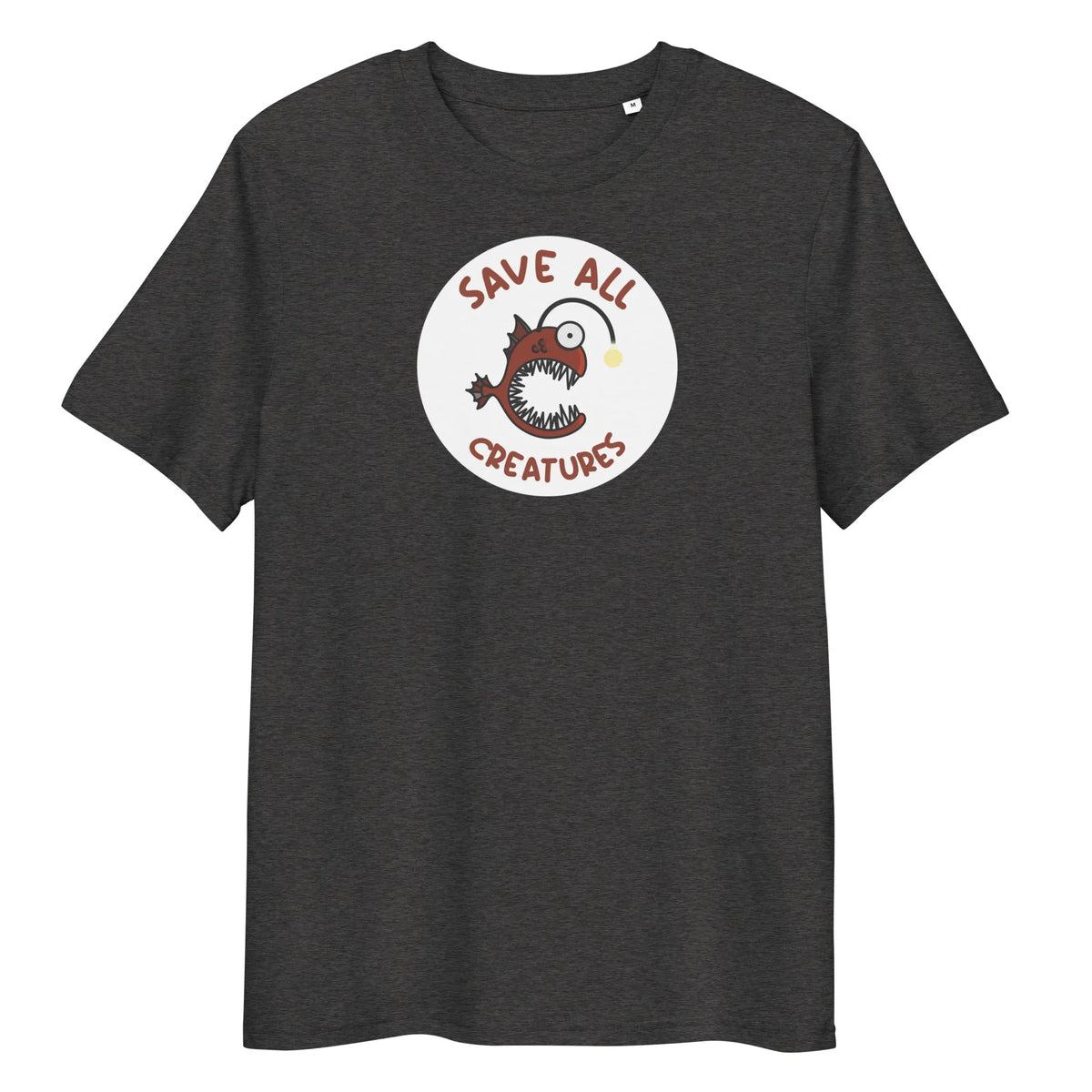 Dunkelgraues T-Shirt mit rundem Froschfisch-Print „Save All Creatures“