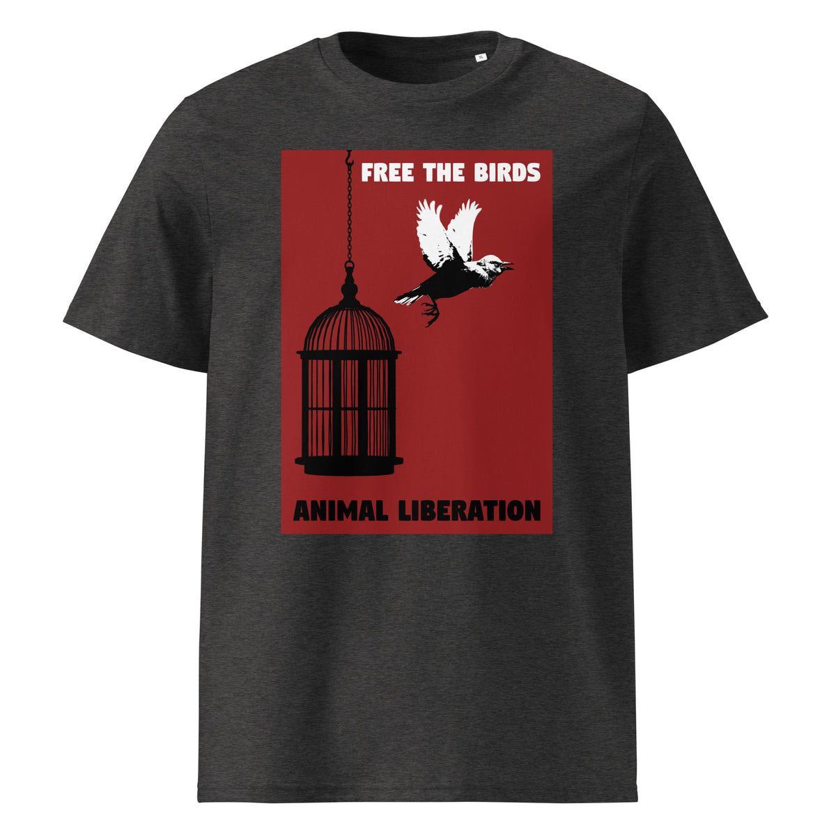 Dunkelgraues T-Shirt mit Vogel-im-Käfig-Print und Aufschrift „FREE THE BIRDS“