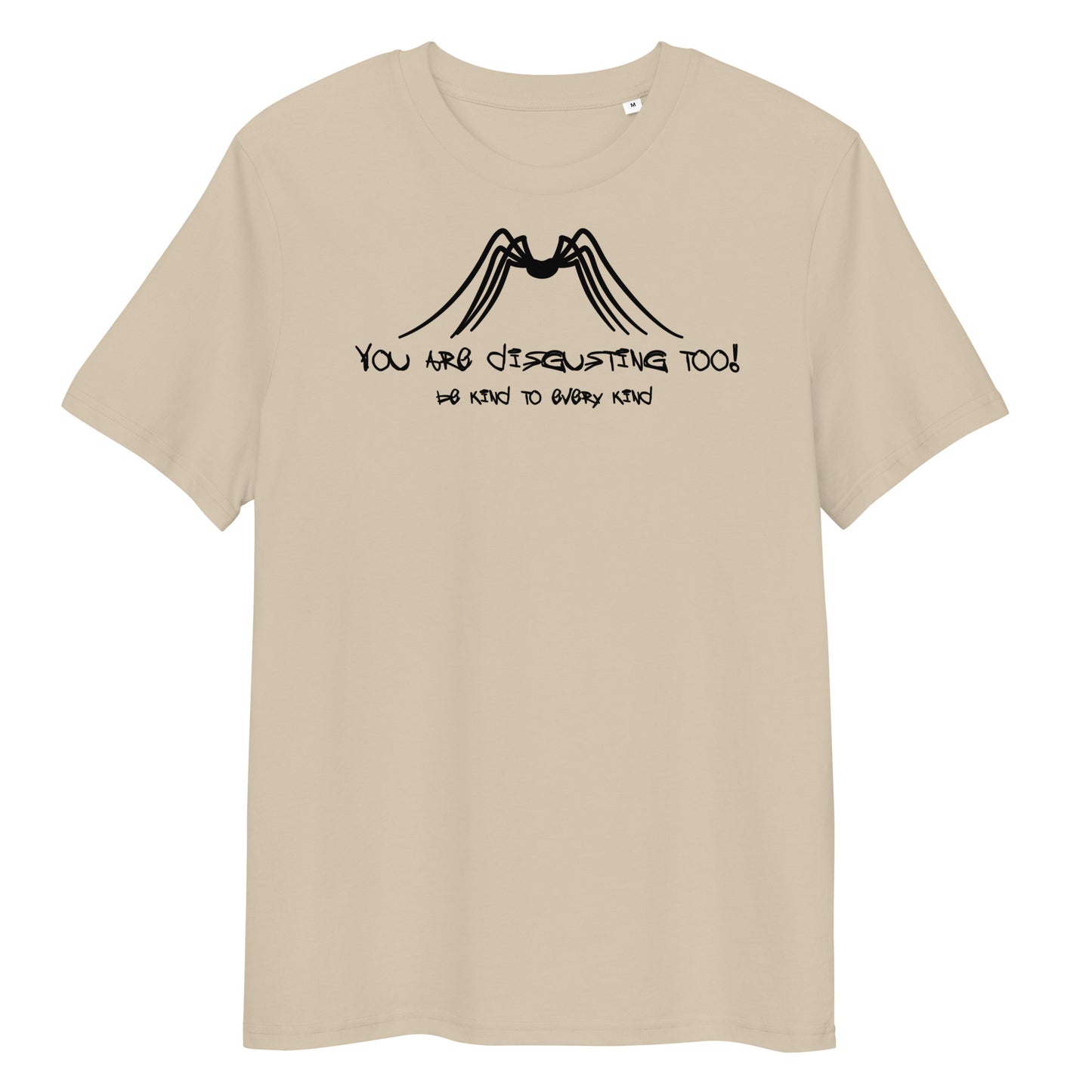 Beiges Bio-Baumwoll-T-Shirt mit schwarzem Insekten-Print und dem Slogan You are disgusting too! Be kind to every kind.