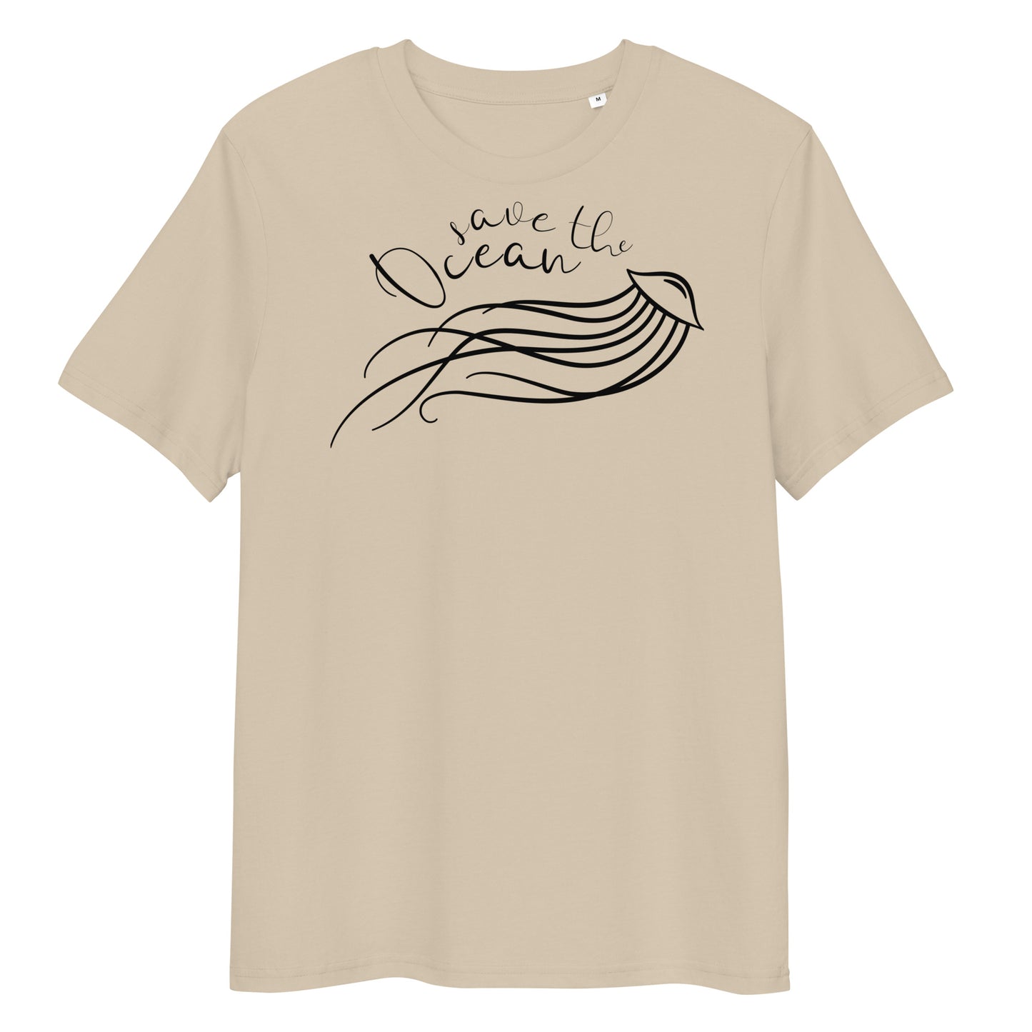 Beiges Bio-Baumwoll-T-Shirt mit schwarzem „Save the Ocean“-Quallen-Aufdruck und Rundhalsausschnitt.
