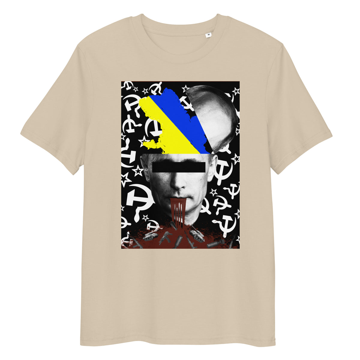 Beiges Bio-Baumwoll-T-Shirt mit politischem Grafikdruck: Putin-Motiv, Ukraine-Flagge und Hammer-und-Sichel-Symbolik.