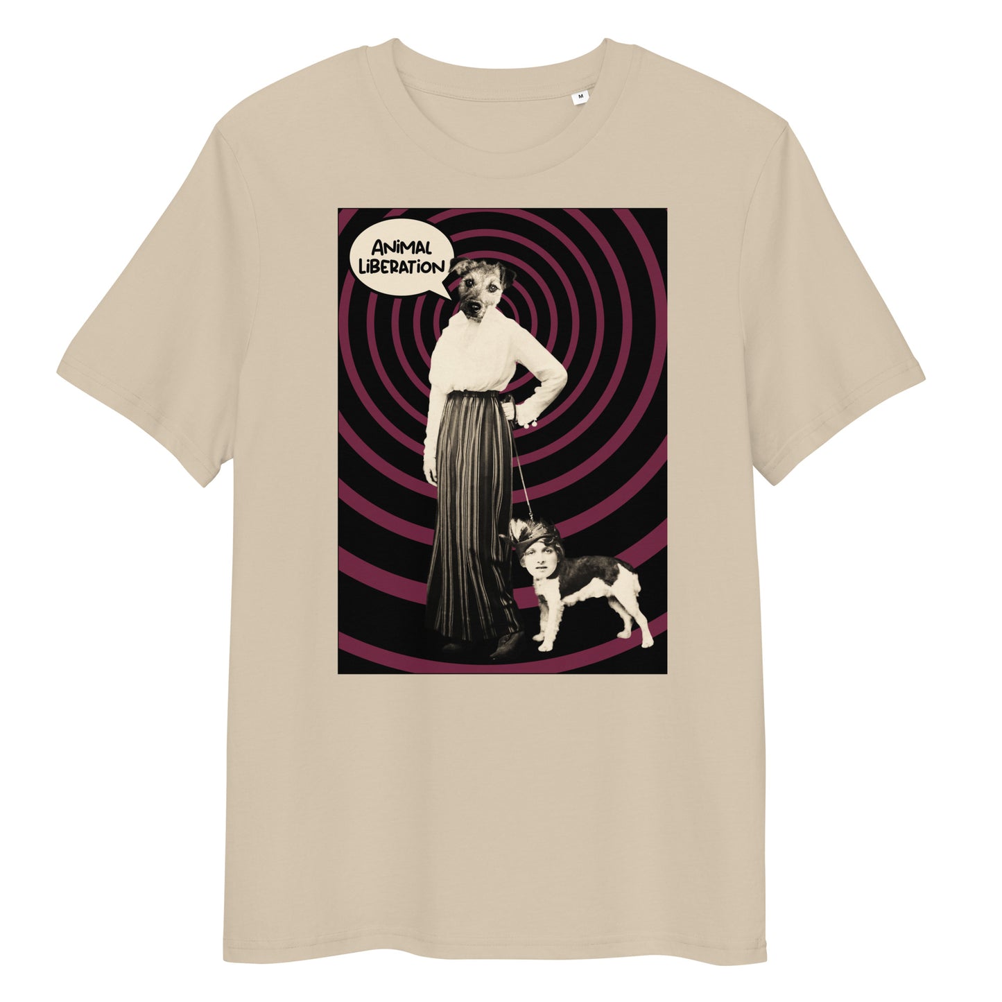 Beiges Bio-Baumwoll-T-Shirt mit Ladydog-Print, Sprechblase Animal Liberation und hypnotischem Hintergrundmuster.